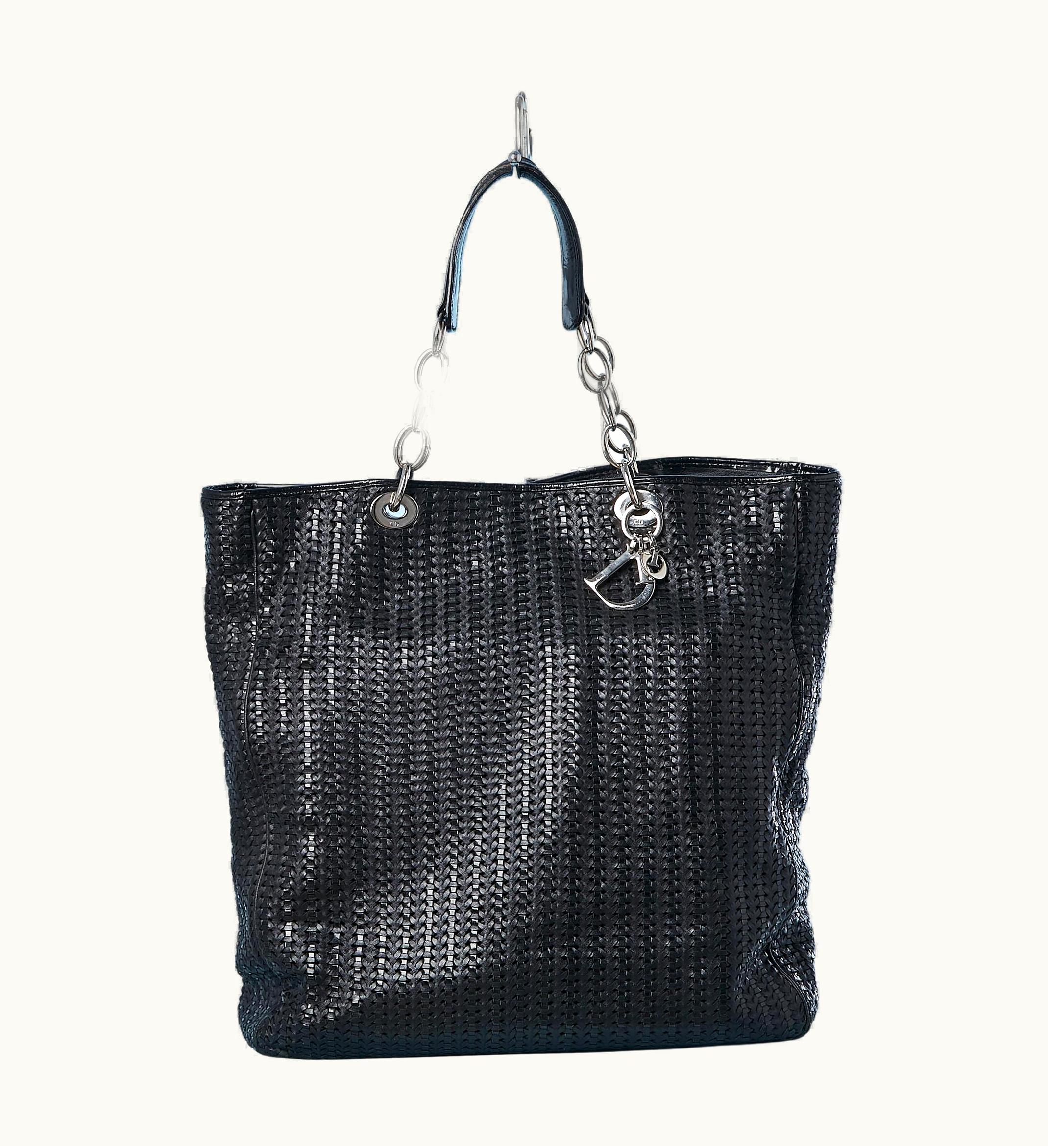 Dior Mix Black Leather & Patent Leather Plaited Tote Bag With Chains Christian Dior