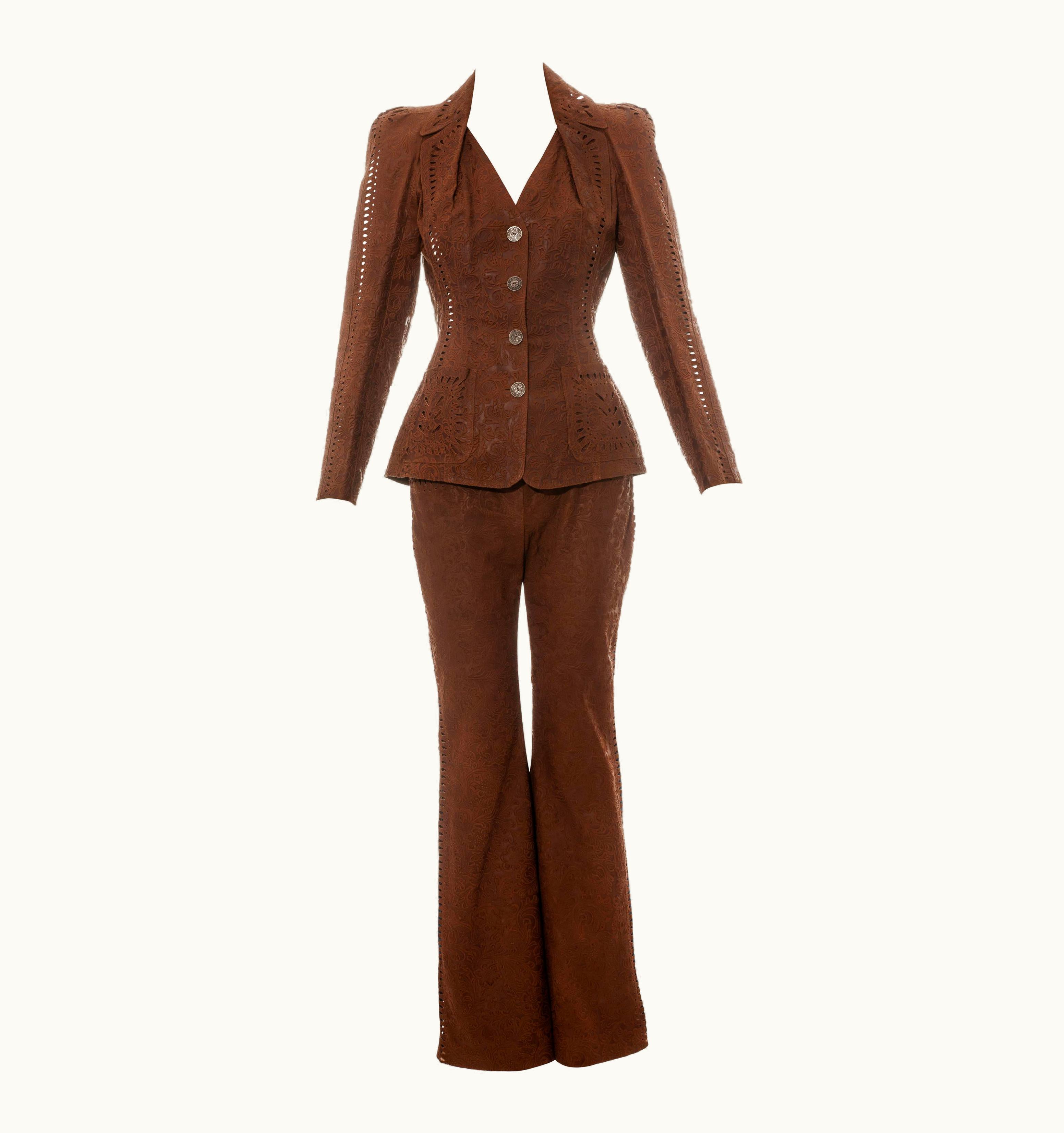Dior Christian Dior By John Galliano Brown Tooled Leather Pant Suit, S/S 2006