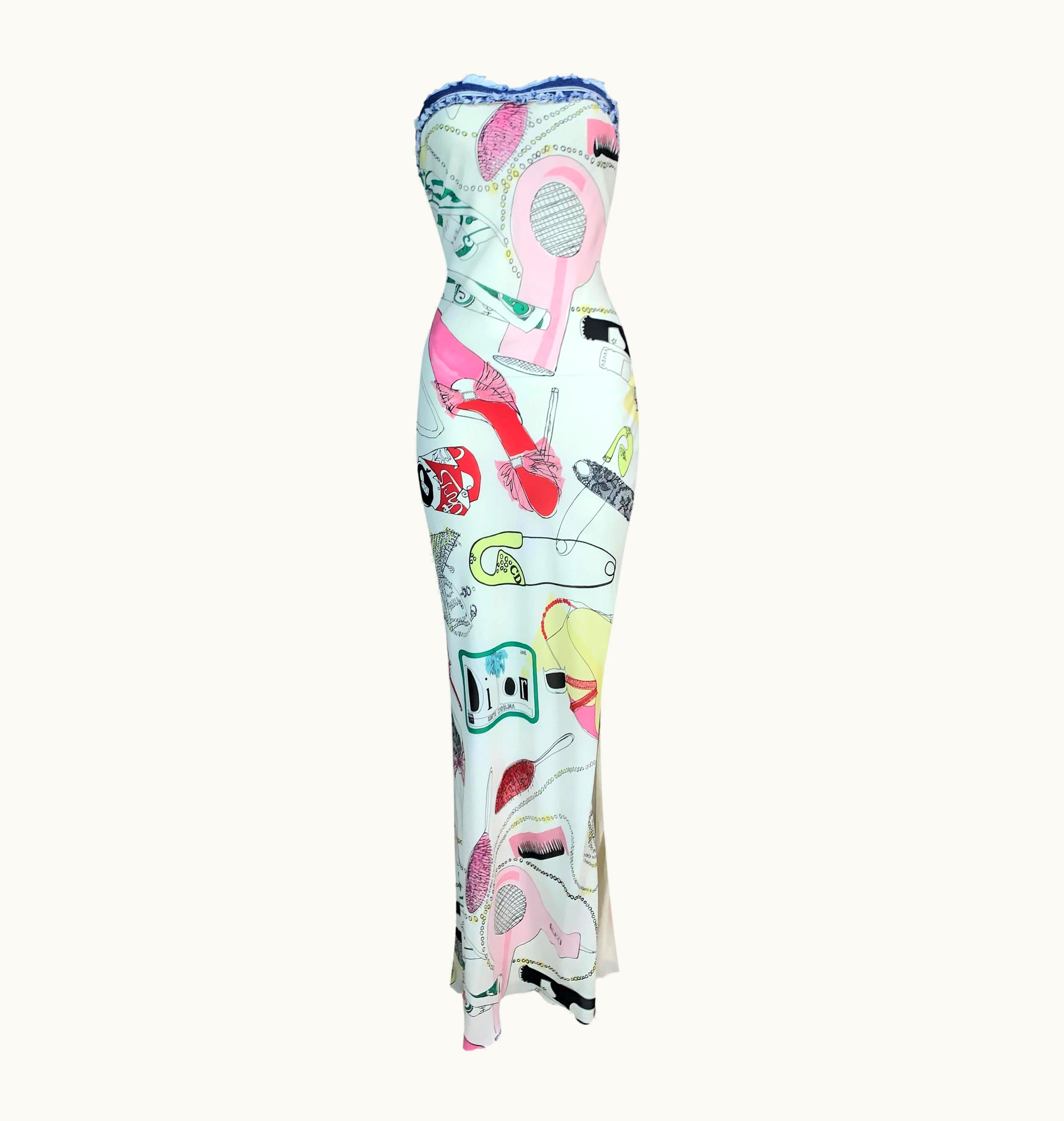 Dior S/S 2001 Christian Dior John Galliano Ivory Strapless Novelty Print Slit Dress