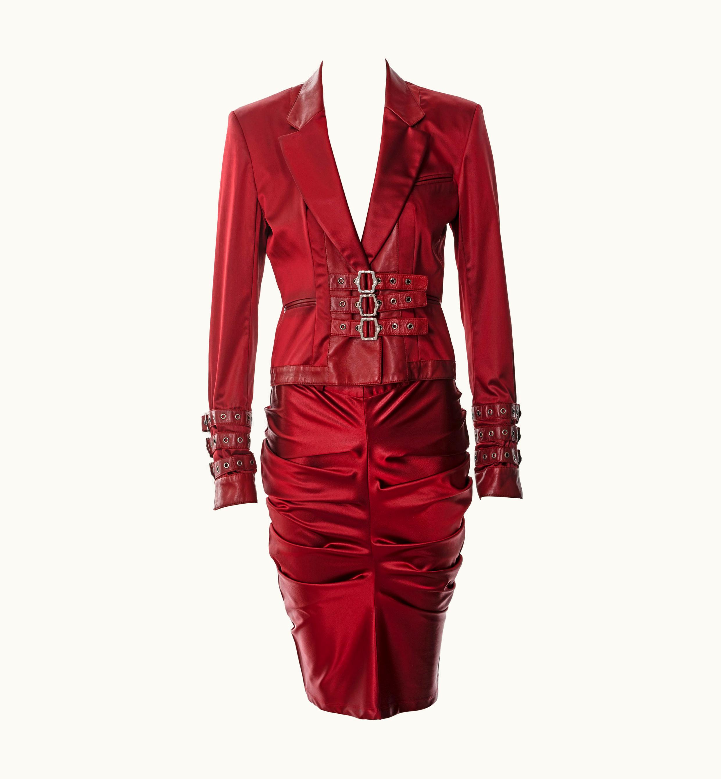 Dior Christian Dior By John Galliano Red Satin And Leather Skirt Suit, AW 2003