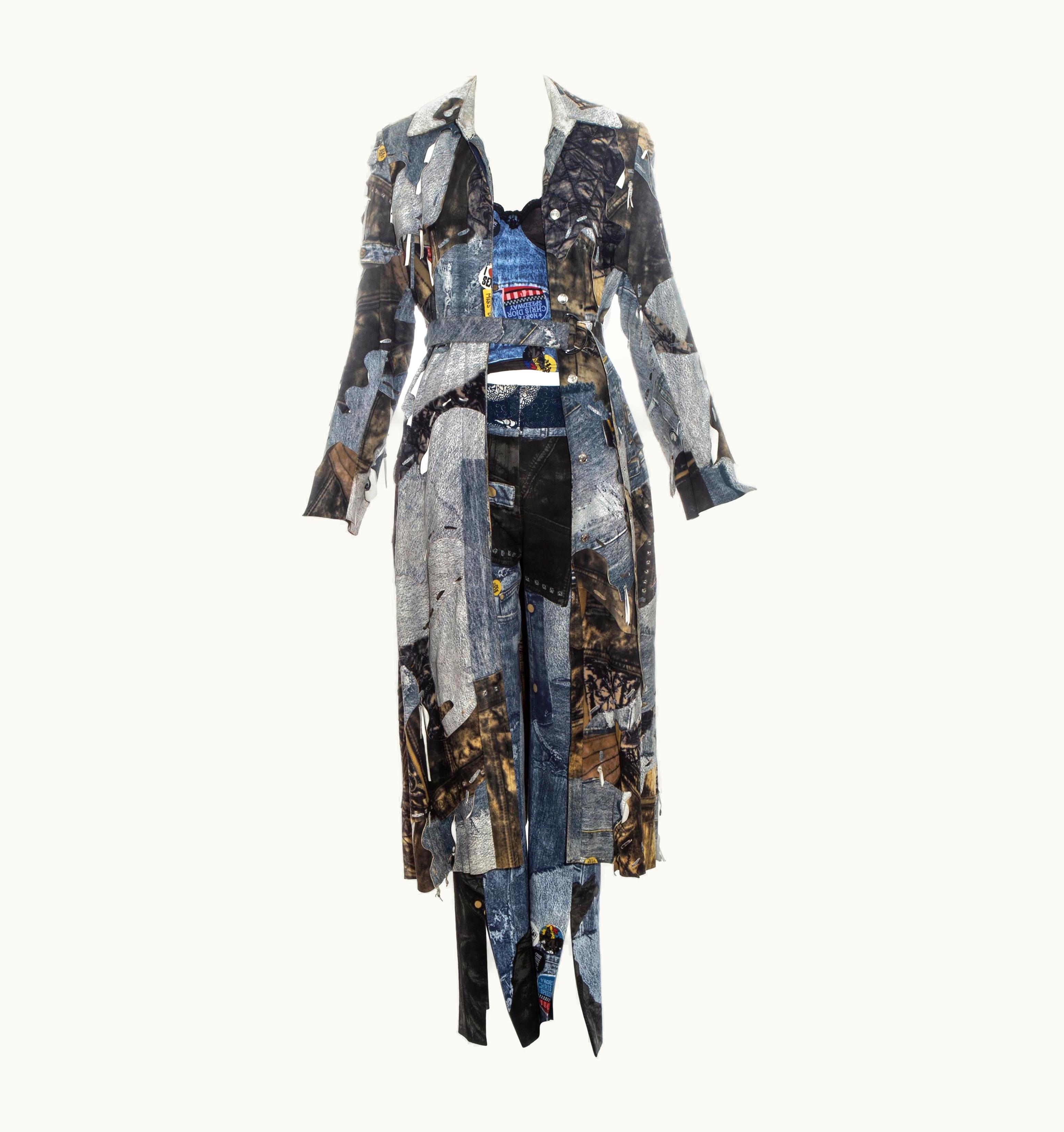 Dior Christian Dior By John Galliano Denim Print Patchwork Leather Pant Suit, AW 2001