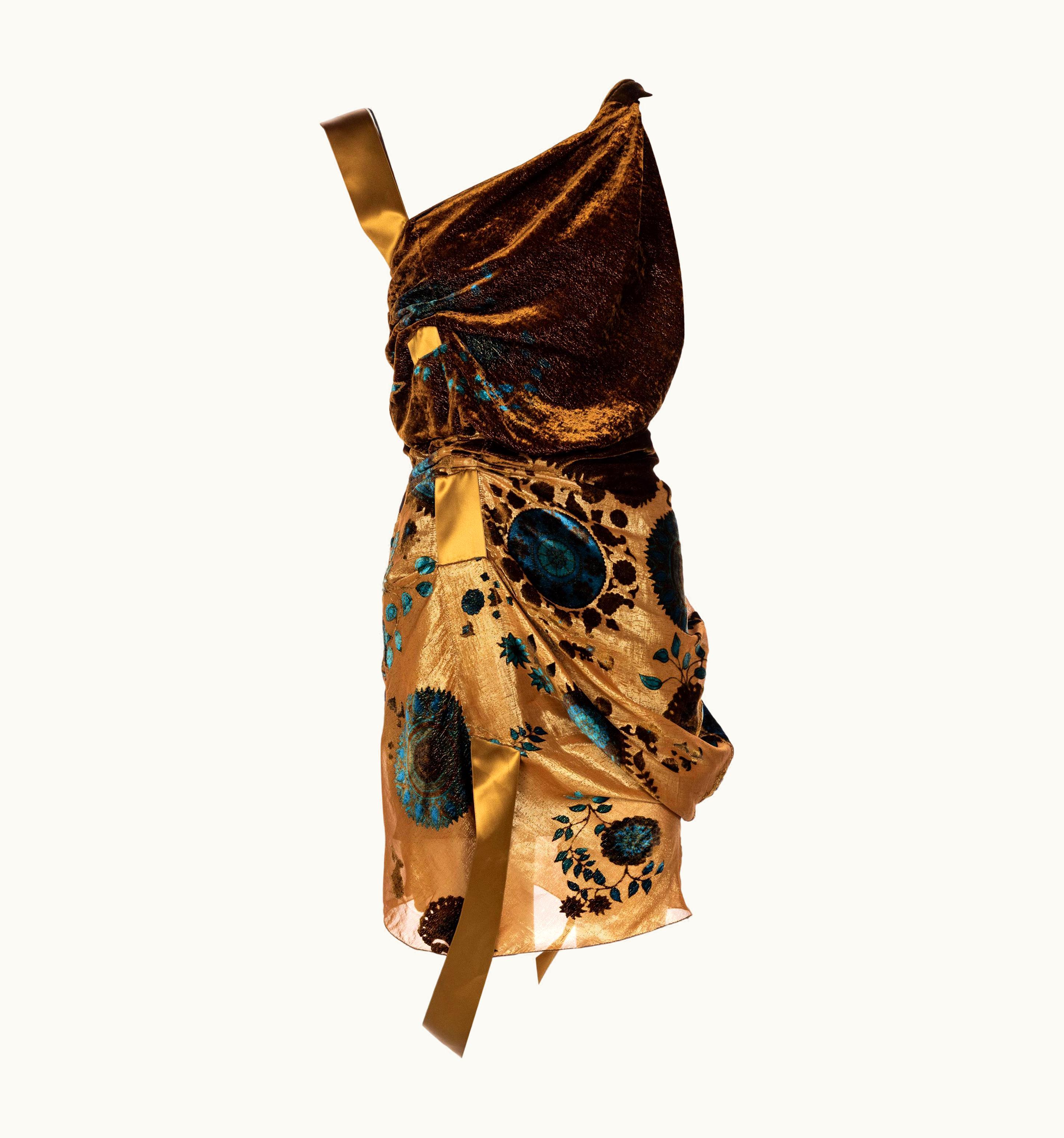 Dior Christian Dior Galliano Golden Brown Turquoise Velvet Floral Devore Dress 2005 UZ0570728