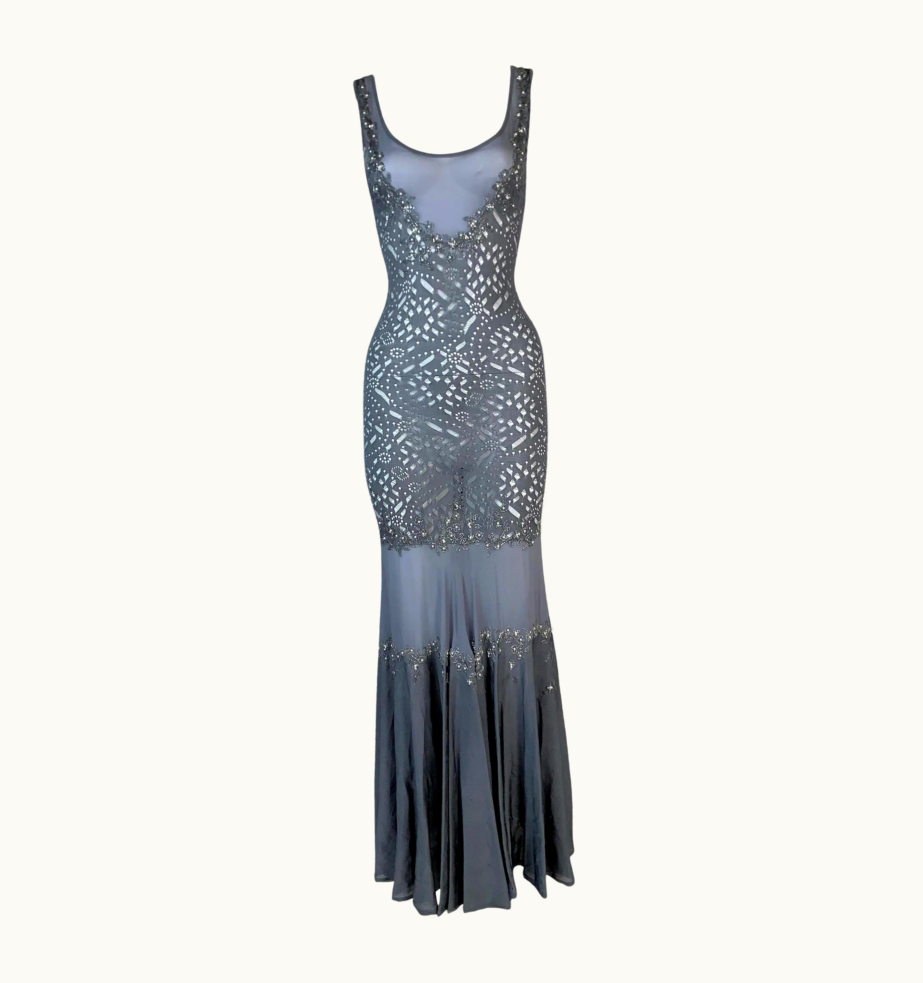 Dior S/S 2003 Christian Dior John Galliano Sheer Blue Silk Beaded Mermaid Maxi Dress