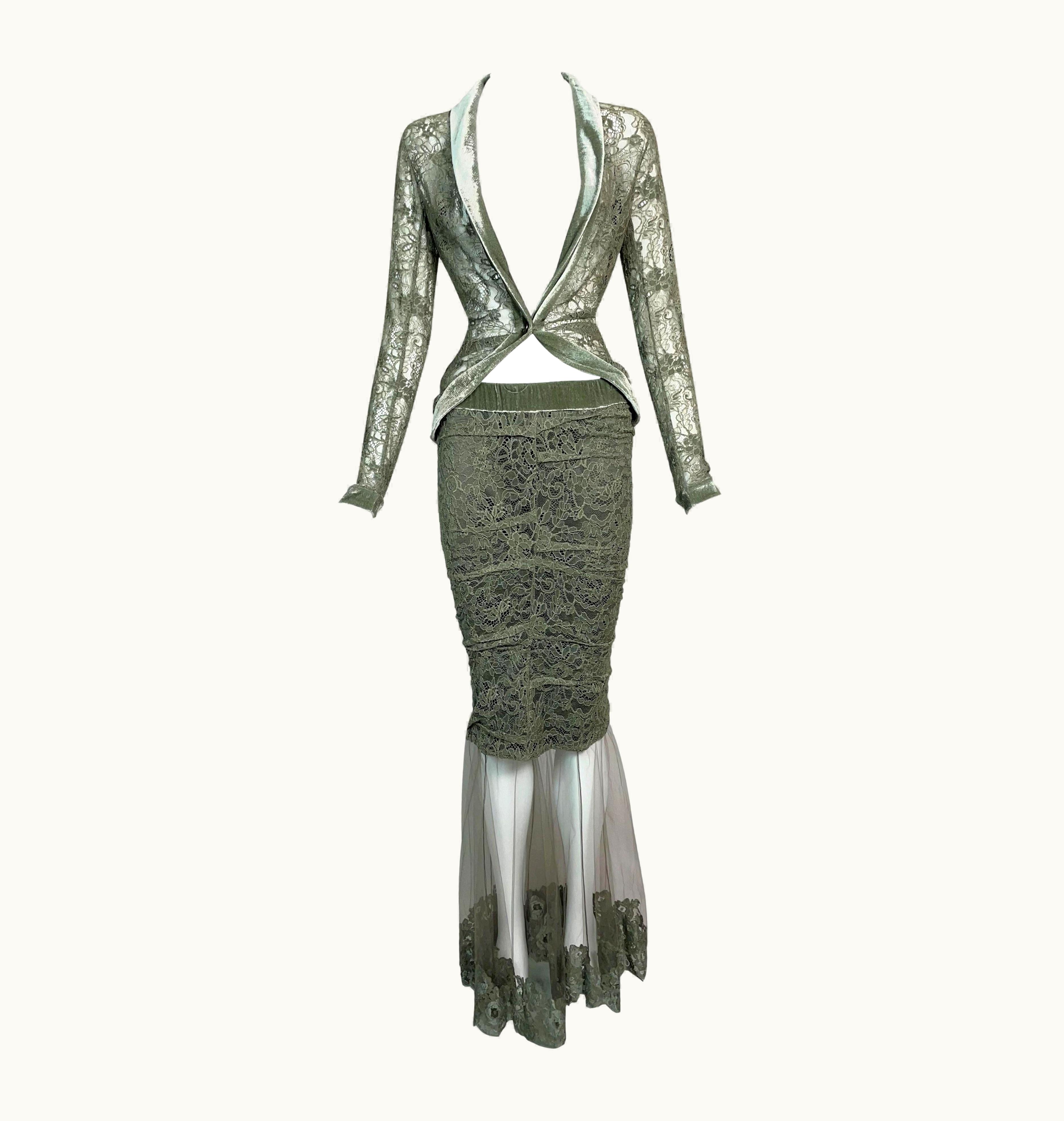 Dior AW 2003 Christian Dior By John Galliano Sheer Green Lace Jacket Skirt Set