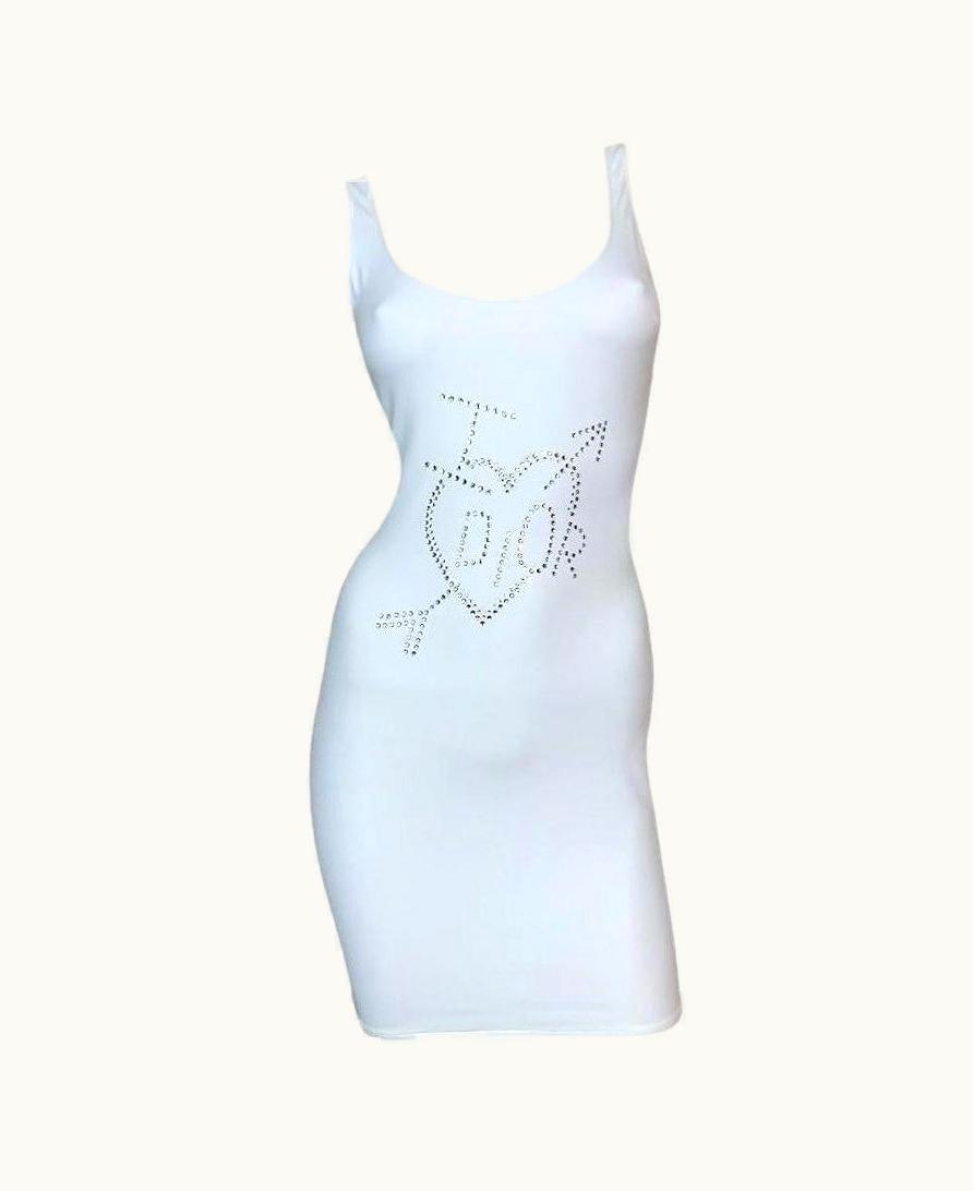Dior AW 2004 Christian Dior John Galliano White Nylon Embellished Logo Mini Dress