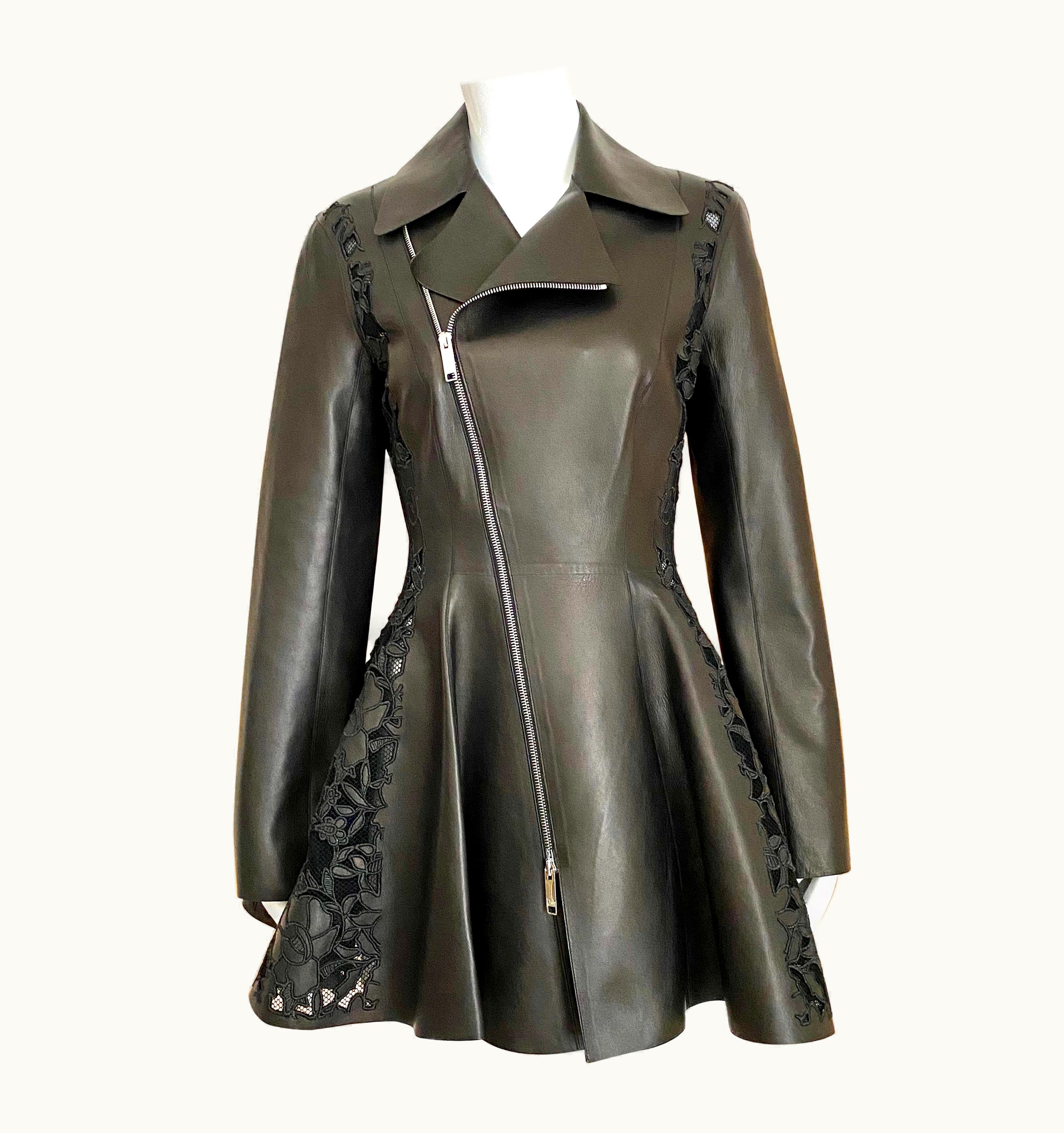 Dior Christian Dior Black Leather Peplum Jacket With Lace