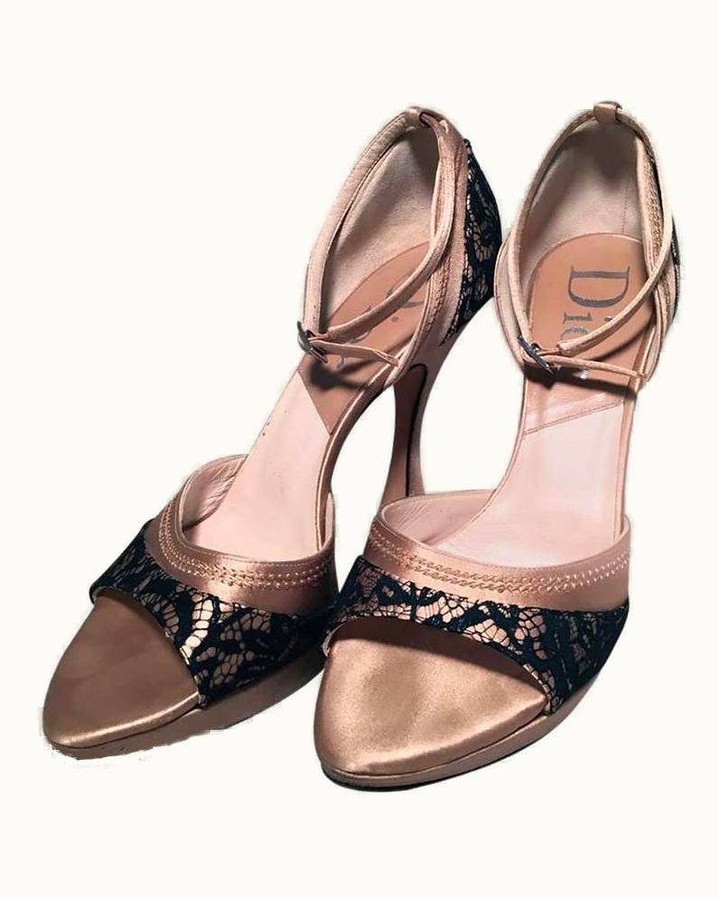 Dior Christian Dior Blush Satin And Black Lace High Heel Ankle Strap Shoes