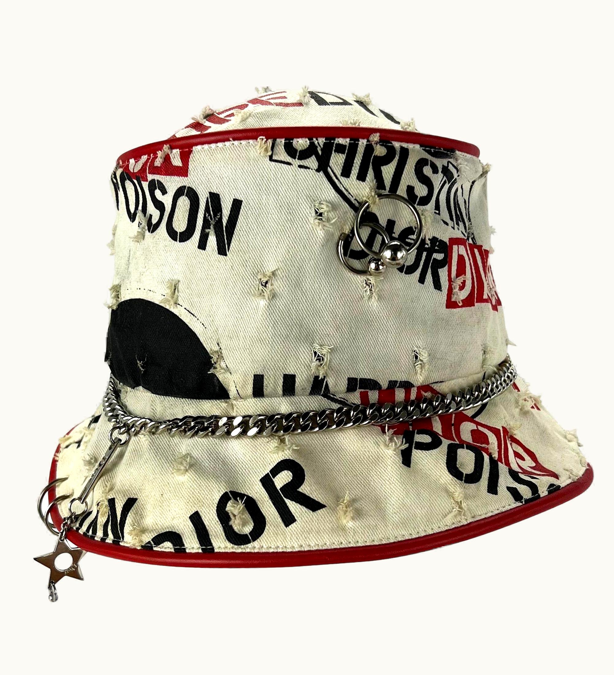 Dior S/S 2004 Christian Dior By John Galliano Hardcore Print Pierced Chain White Hat
