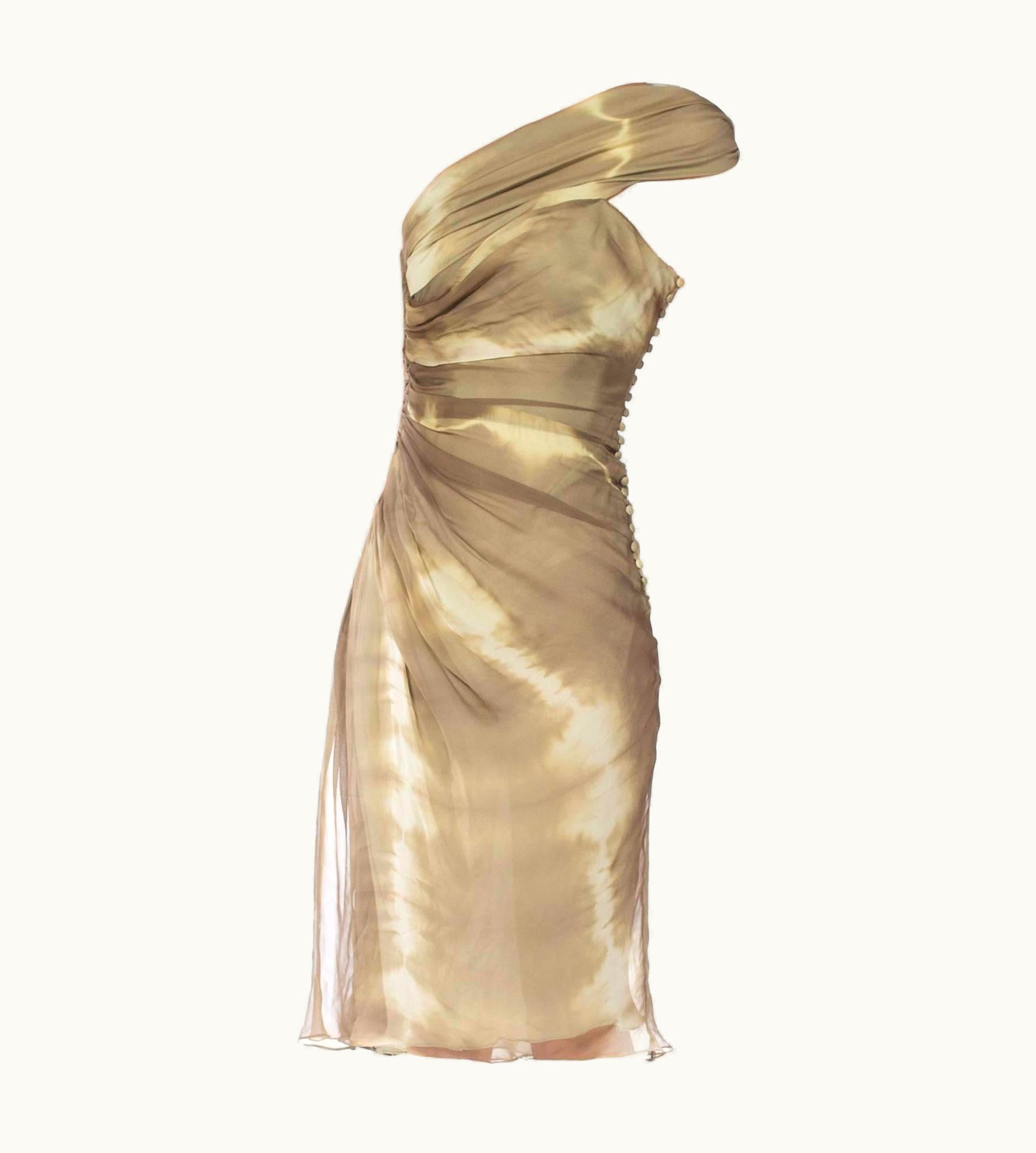 Dior 2000s John Galliano Christian Dior Olive Green Silk Chiffon One Shoulder Dress