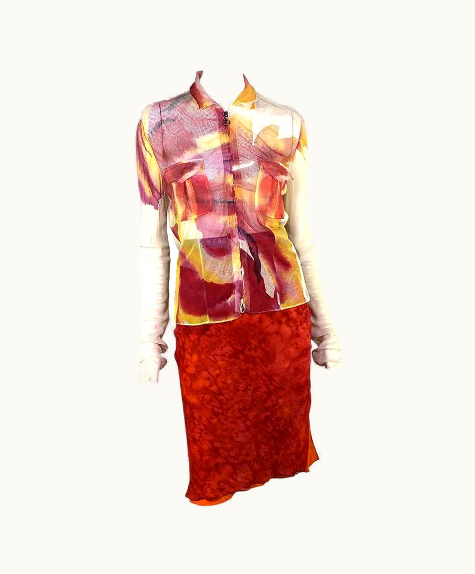 Dior S/S 2001 Christian Dior By John Galliano Belted Mesh Tie-Dye Top Skirt Set
