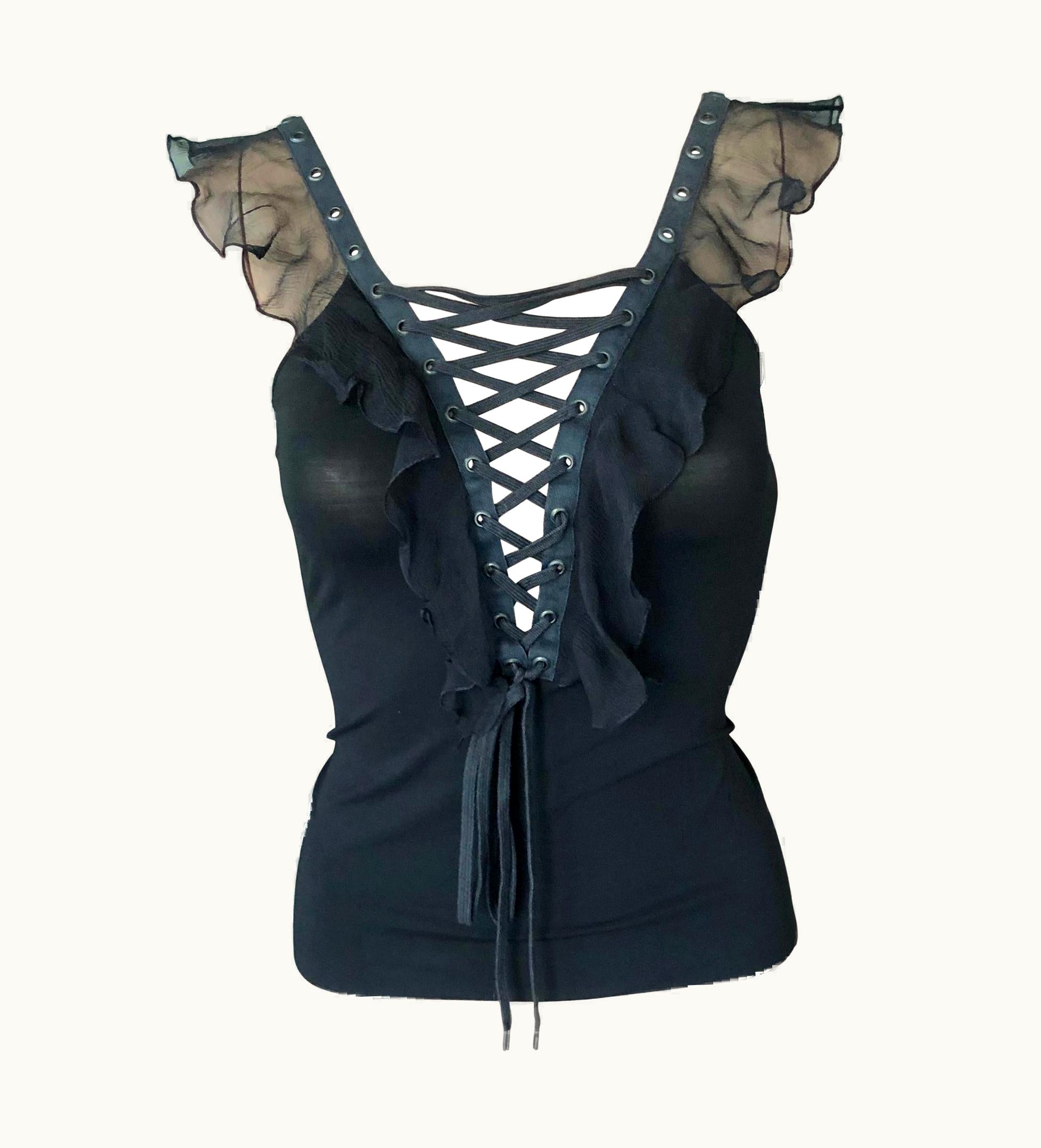 Dior Christian Dior By John Galliano S/S 2003 Plunging Lace Up Tie Up Black Top