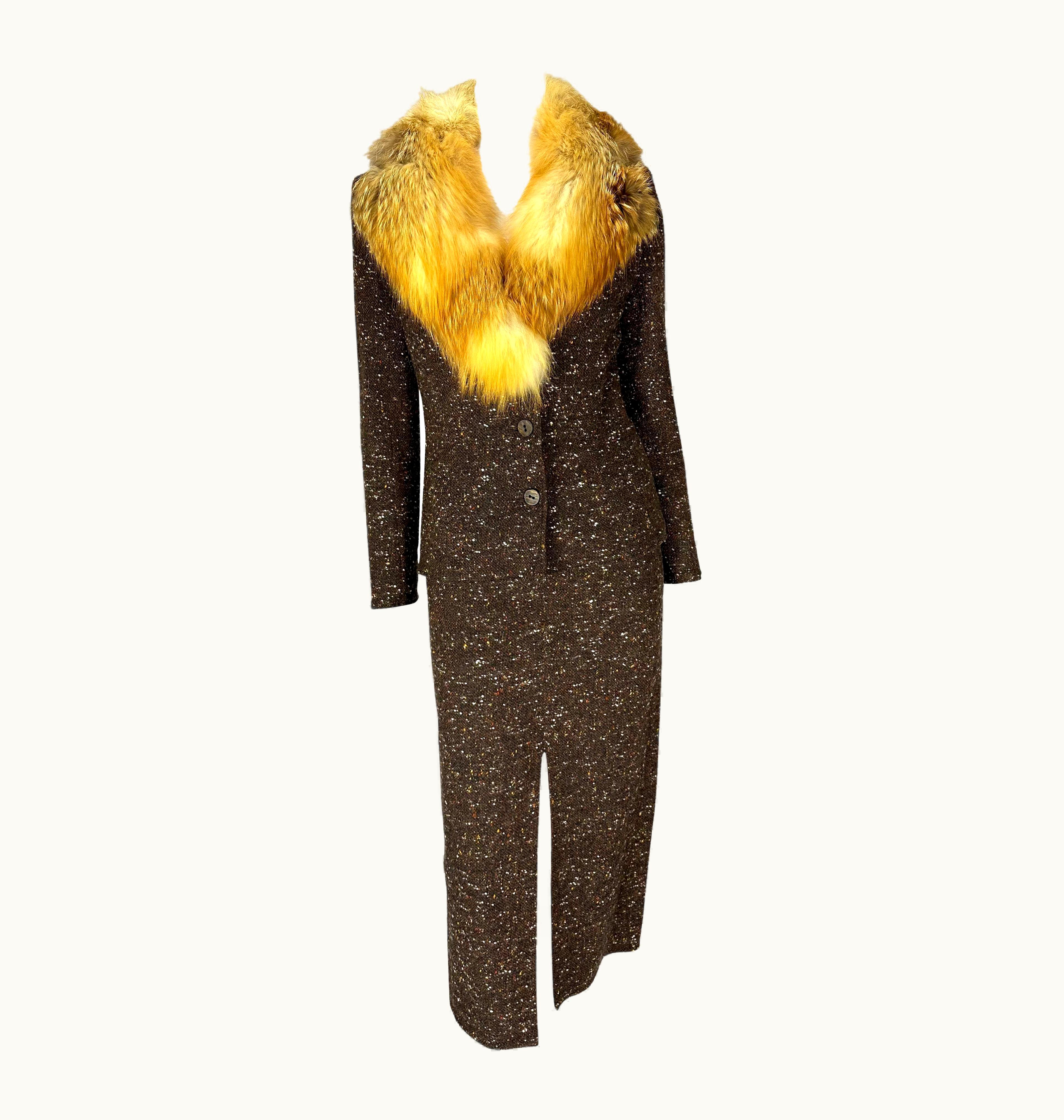 Dior AW 2001 Christian Dior By John Galliano Fur Trim Slit Brown Tweed Skirt Suit