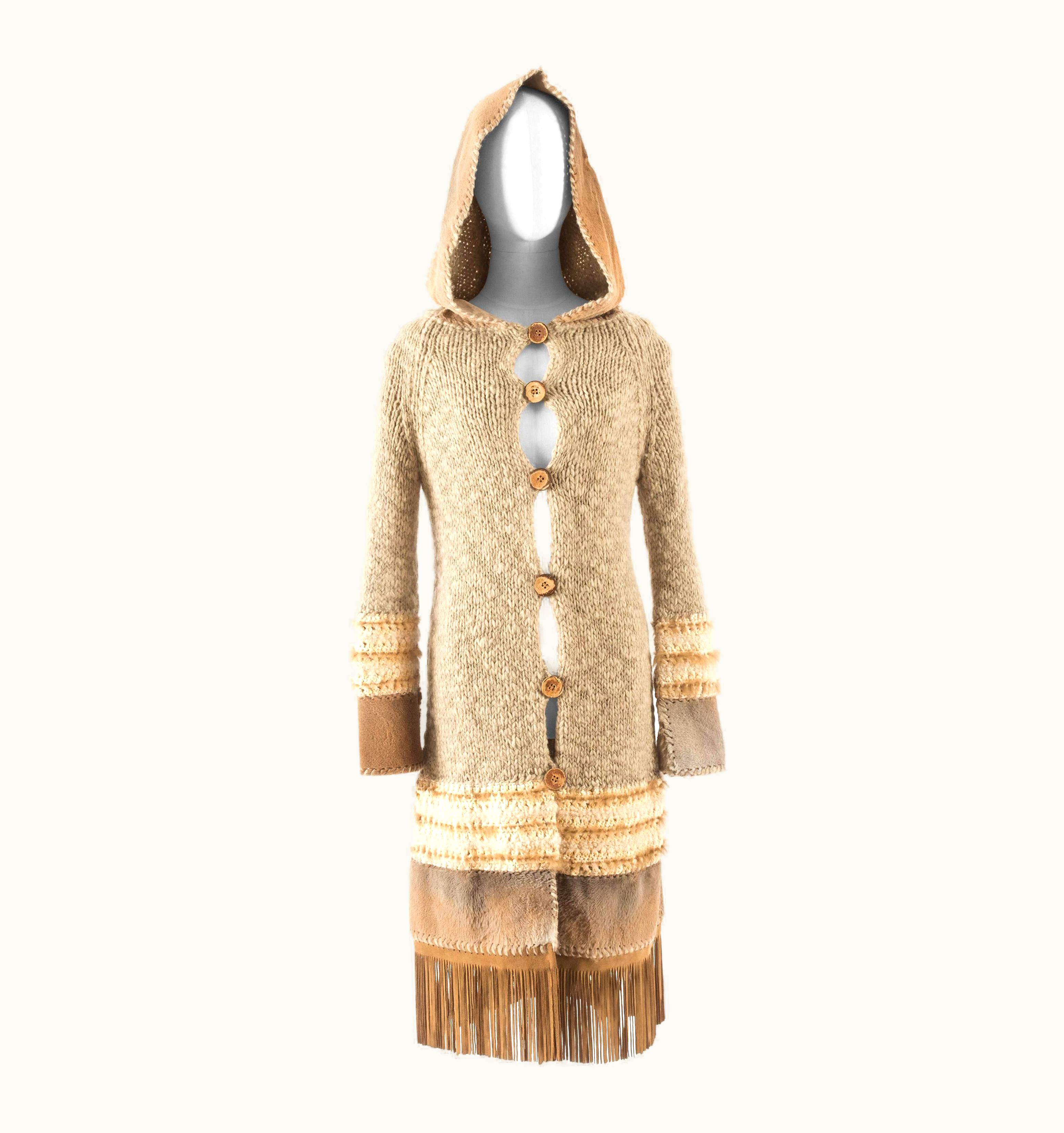 Dior Christian Dior Hooded Oatmeal Knitted Jacket With Rabbit Fur And Suede Tassels