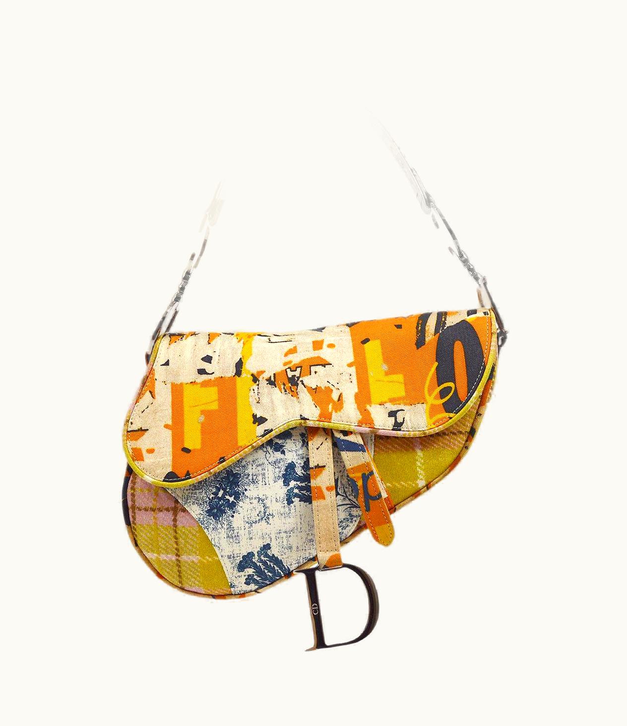 Dior Christian Dior Orange Multi Color Canvas Silverr Logo Medium Evening Saddle Bag