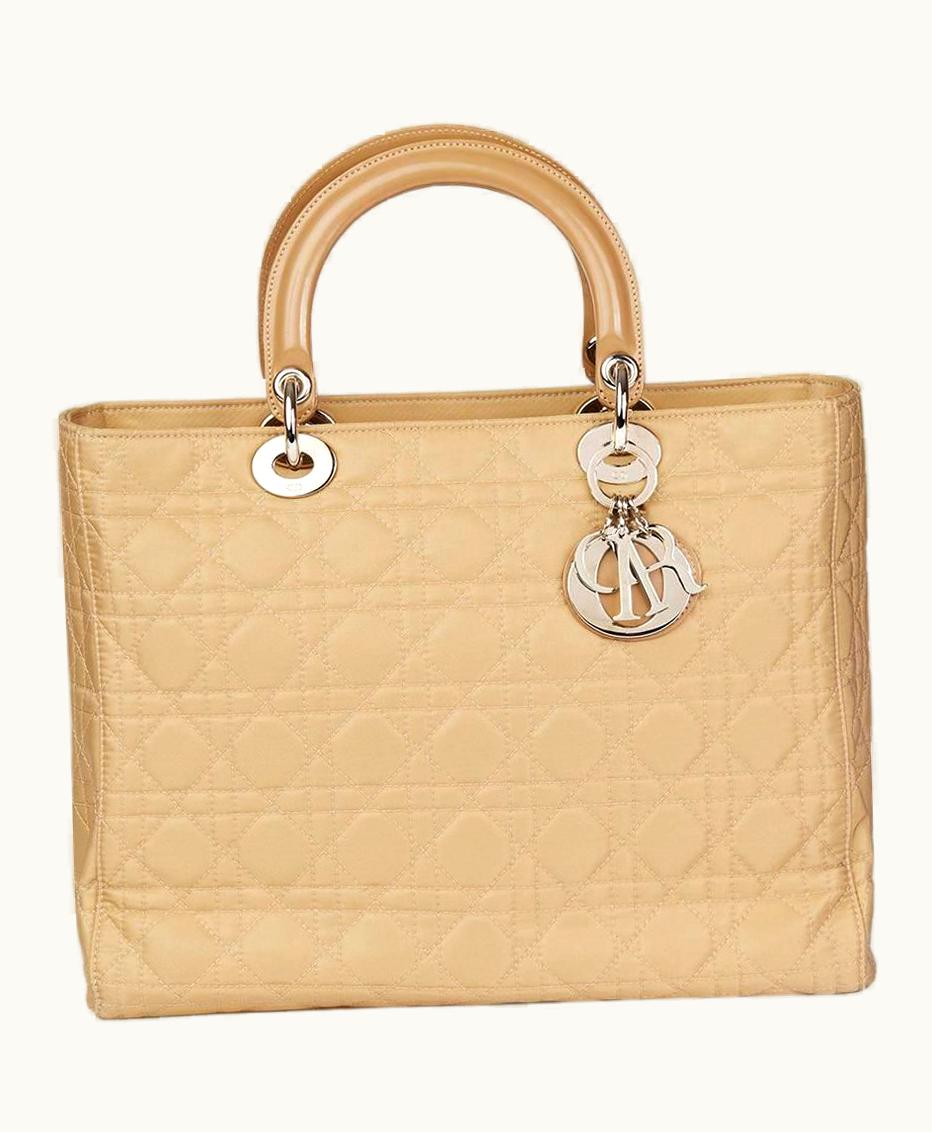 Dior 2001 Christian Dior Beige Quilted Satin & Patent Leather Lady Dior Gm