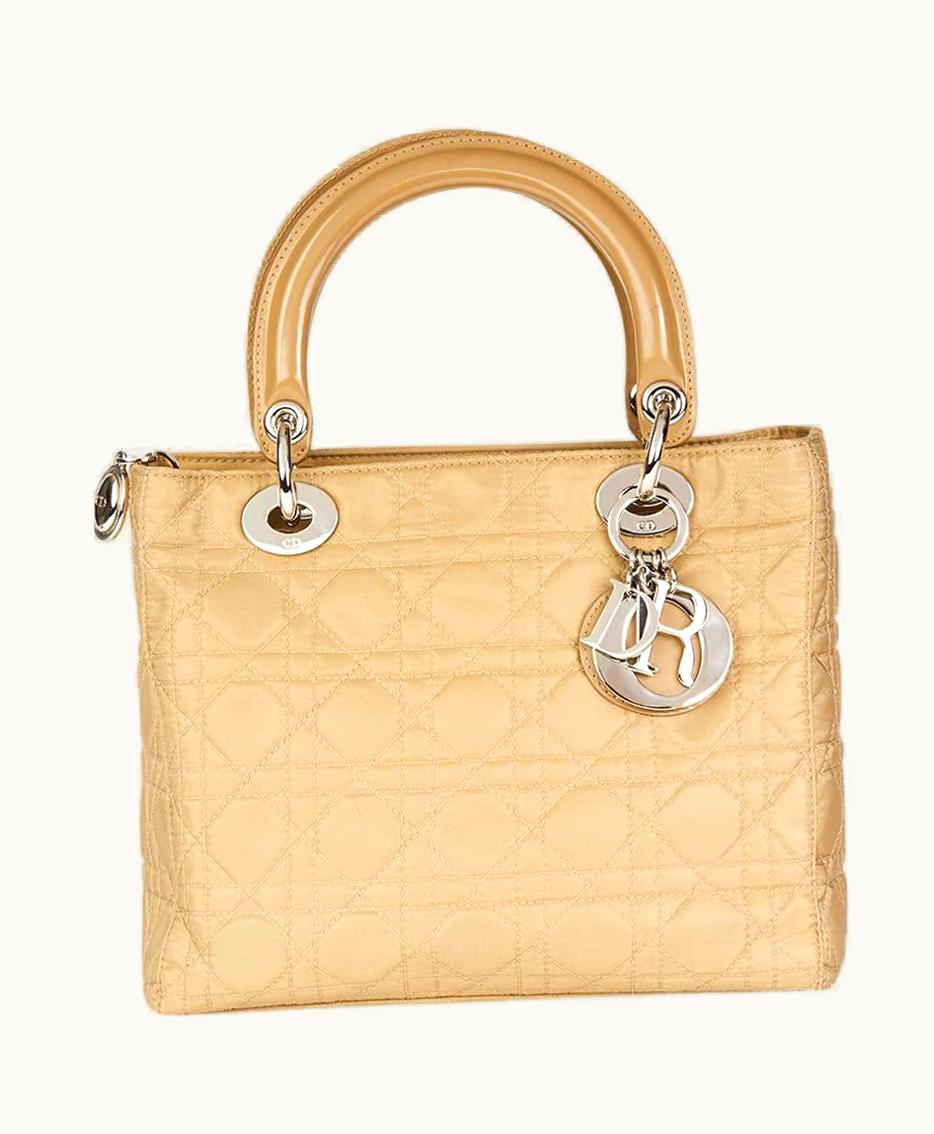 Dior 2001 Christian Dior Beige Quilted Satin & Patent Leather Lady Dior Mm