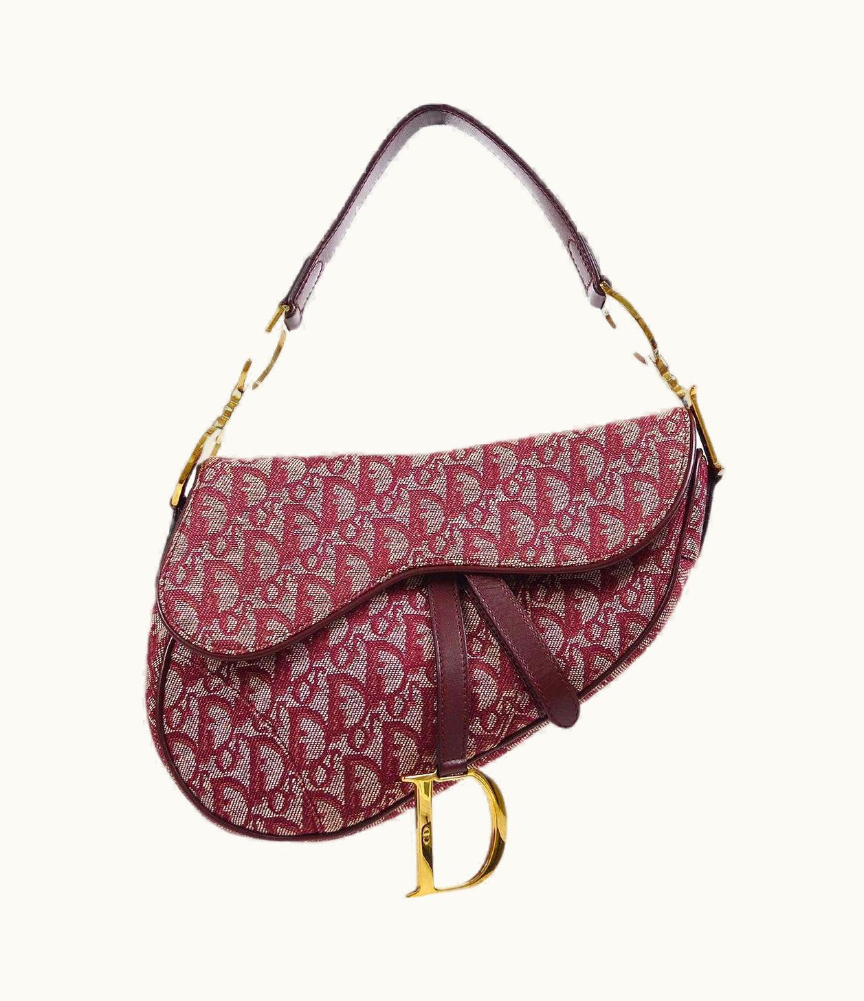 Dior Christian Dior Burgundy Canvas Logo Leather Trim Gold Shoulder Saddle Bag