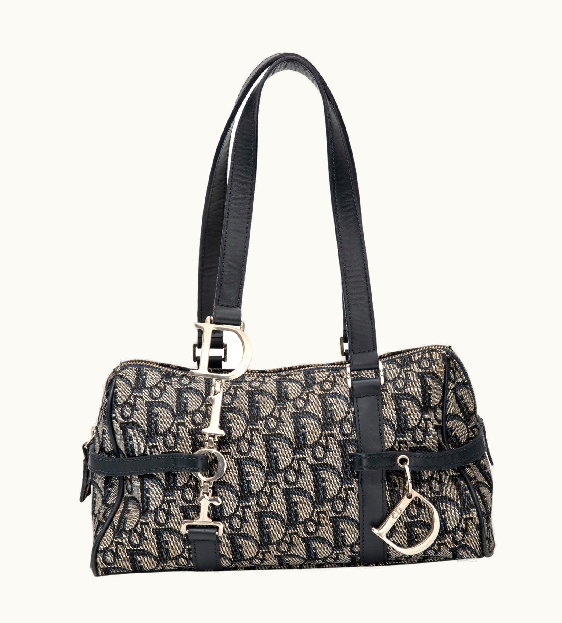 Dior Dior Vintage Navy Oblique Trotter Logo Charms Boston Shoulder Bag (2003)
