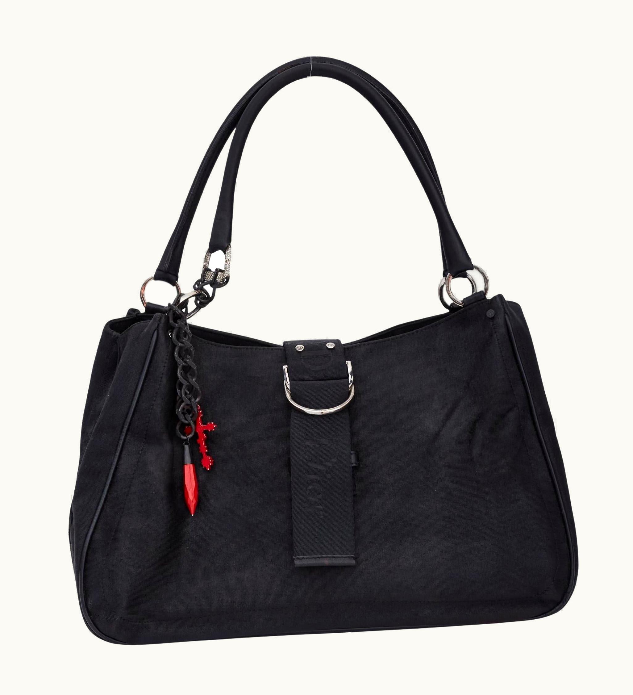 Dior Dior Vintage Black Canvas With Red Cross Charm Shoulder Bag (2003)