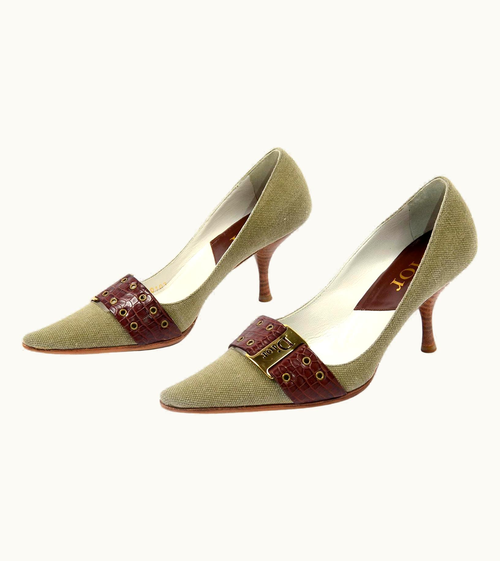 Dior Christian Dior Shoes Green Pointed Toe Heels W Brown Leather Trim & Buckles