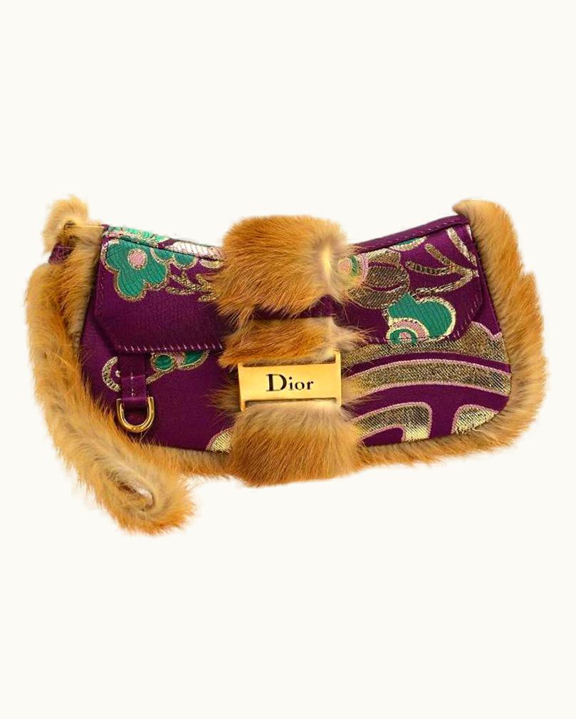 Dior Christian Dior Multi Purple Cognac Fur Canvas Gold Wristlet Clutch Flap Bag