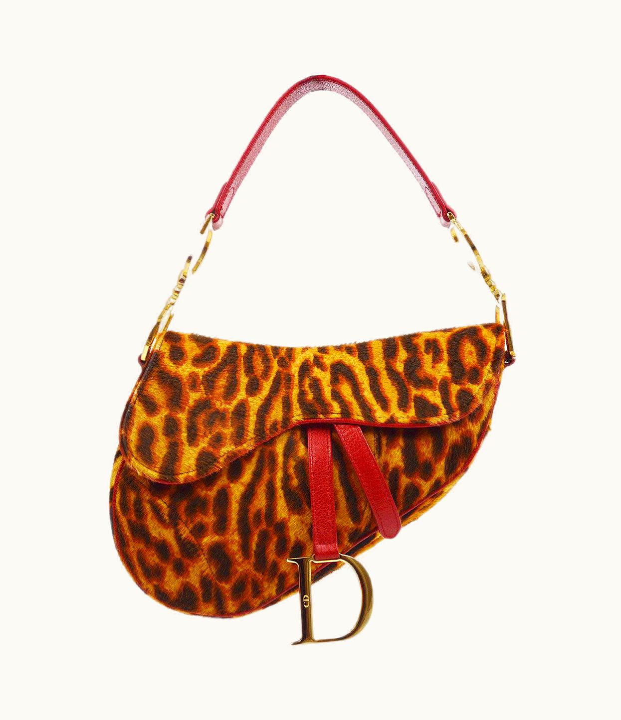 Dior Christian Dior Gold Brown Red Leopard Ponyhair Leather Saddle Shoulder Bag
