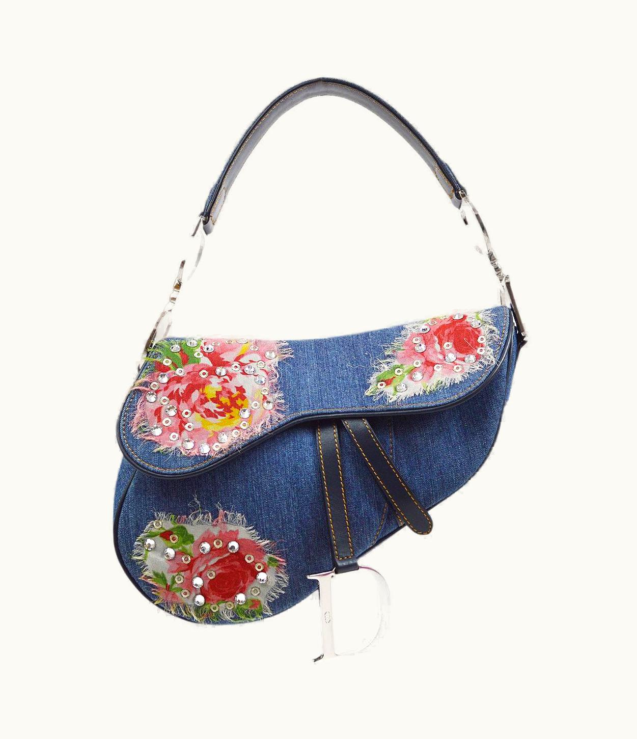 Dior Christian Dior Blue Jean Denim Flower Rhinestone Sequin Cd Logo Saddle Bag