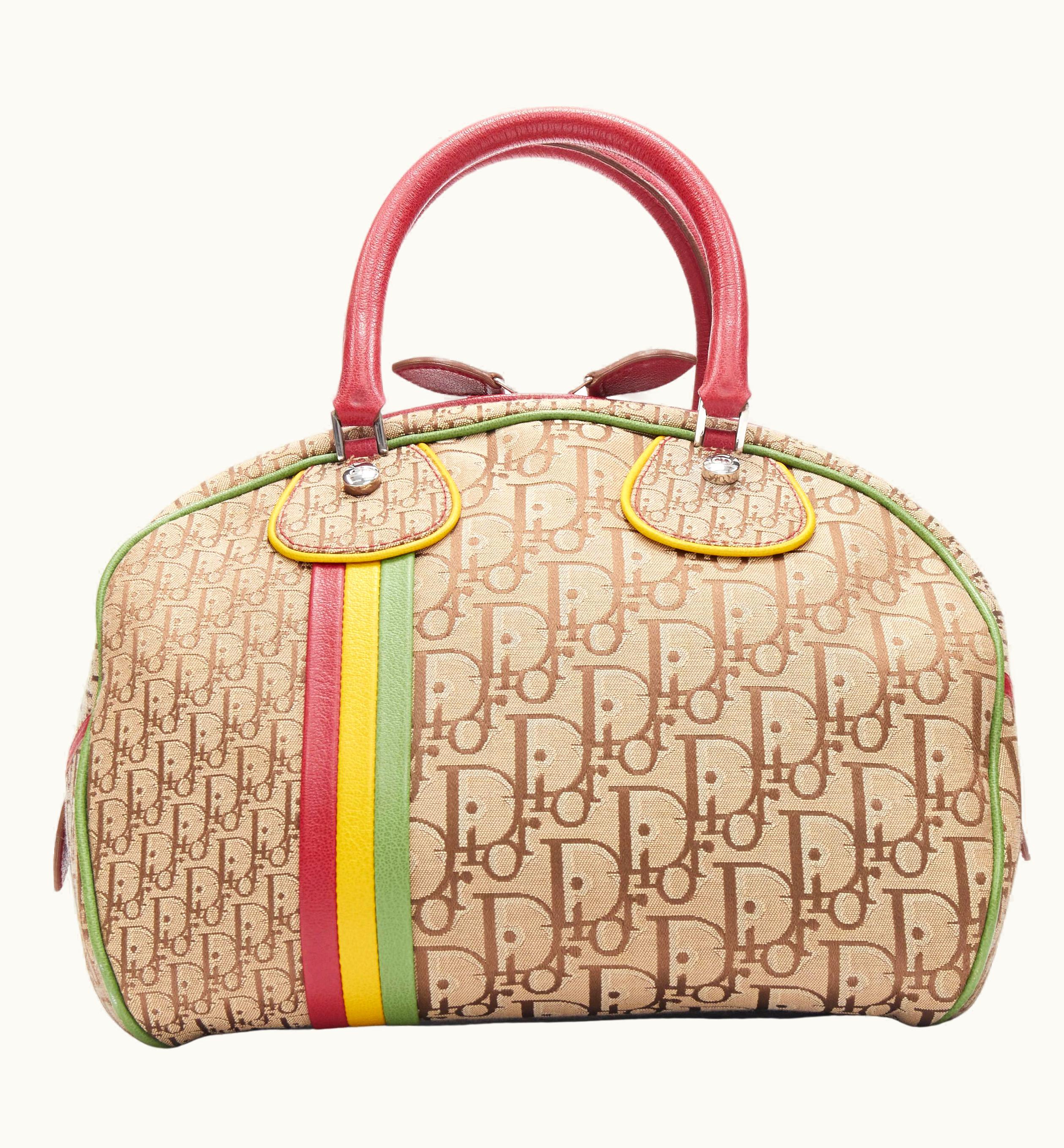 Dior Vintage Christian Dior 2004 Trotter Rasta Monogram Canvas Leather Bowling Bag