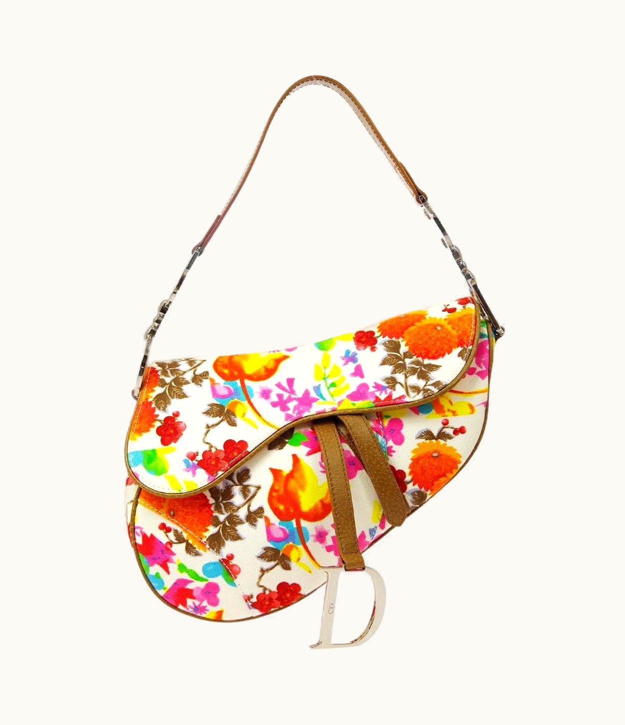 Dior Christian Dior Pink Orange Multi Color Canvas Floral Tan Shoulder Saddle Bag