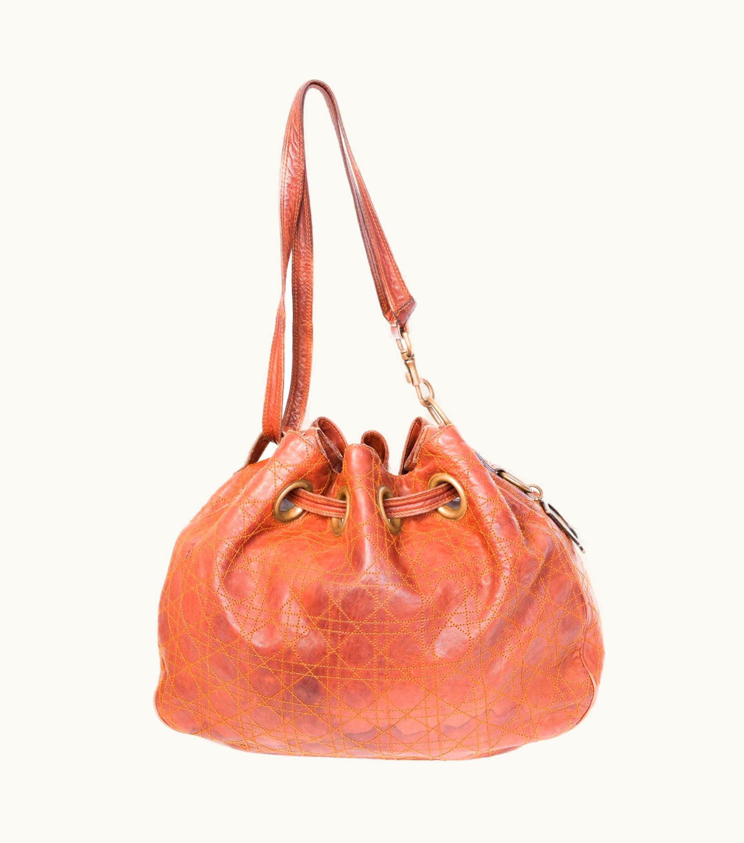 Dior Dior Vintage Brown Cannage Leather Drawstring Hobo Bag 2006
