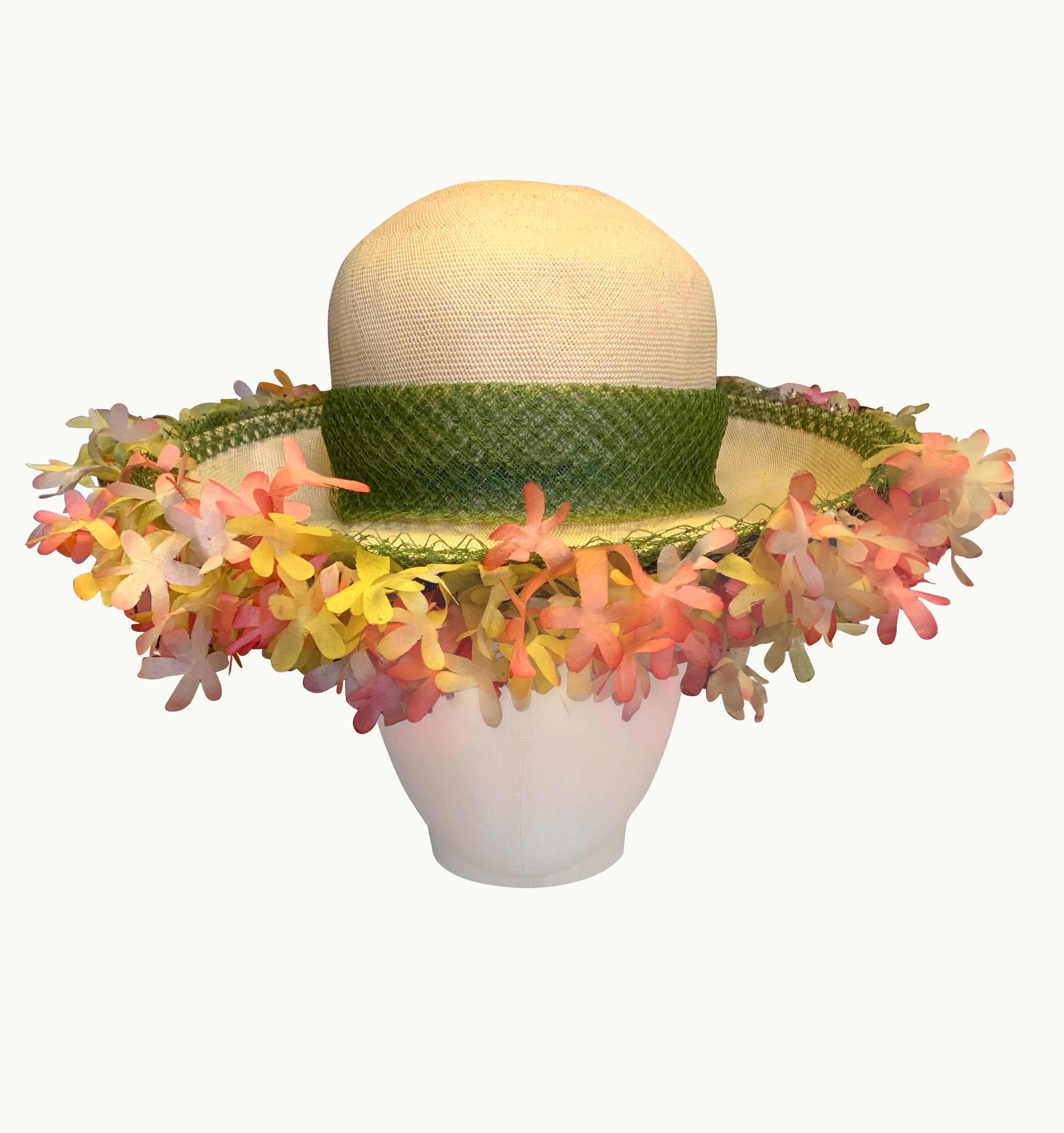 Dior 1960s Christian Dior Natural Straw Sun Hat W Green Net Band & Silk Flower Brim