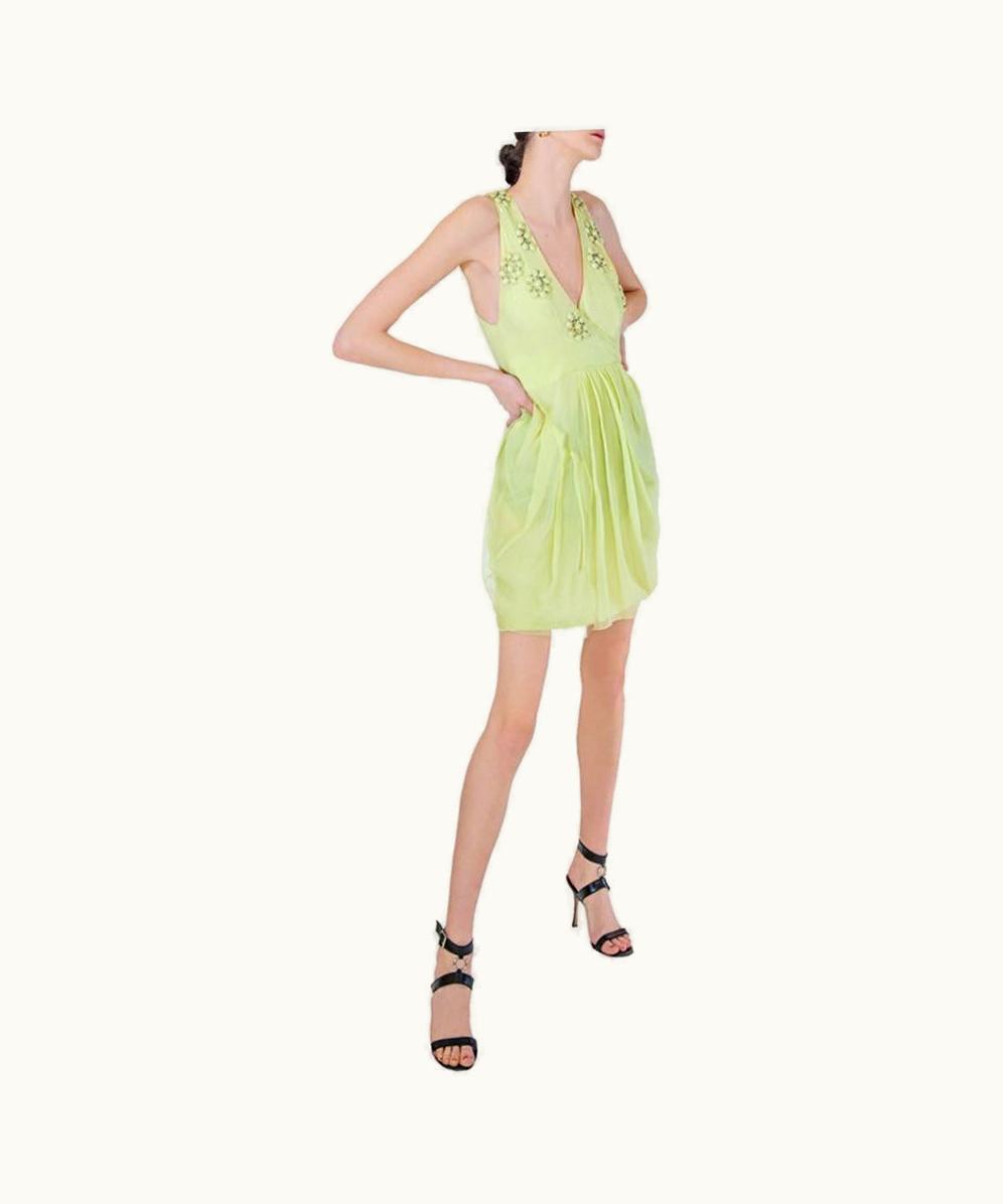 Dior Circa 2008 Christian Dior Citrus Green Fine Silk Chiffon Plissé Dress