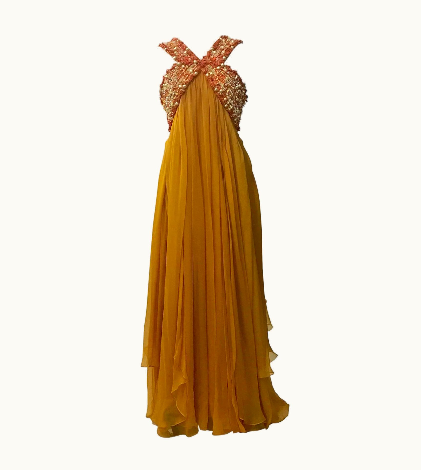 Dior Christian Dior Resort Runway Marigold Yellow Orange Beaded Chiffon Gown 2009