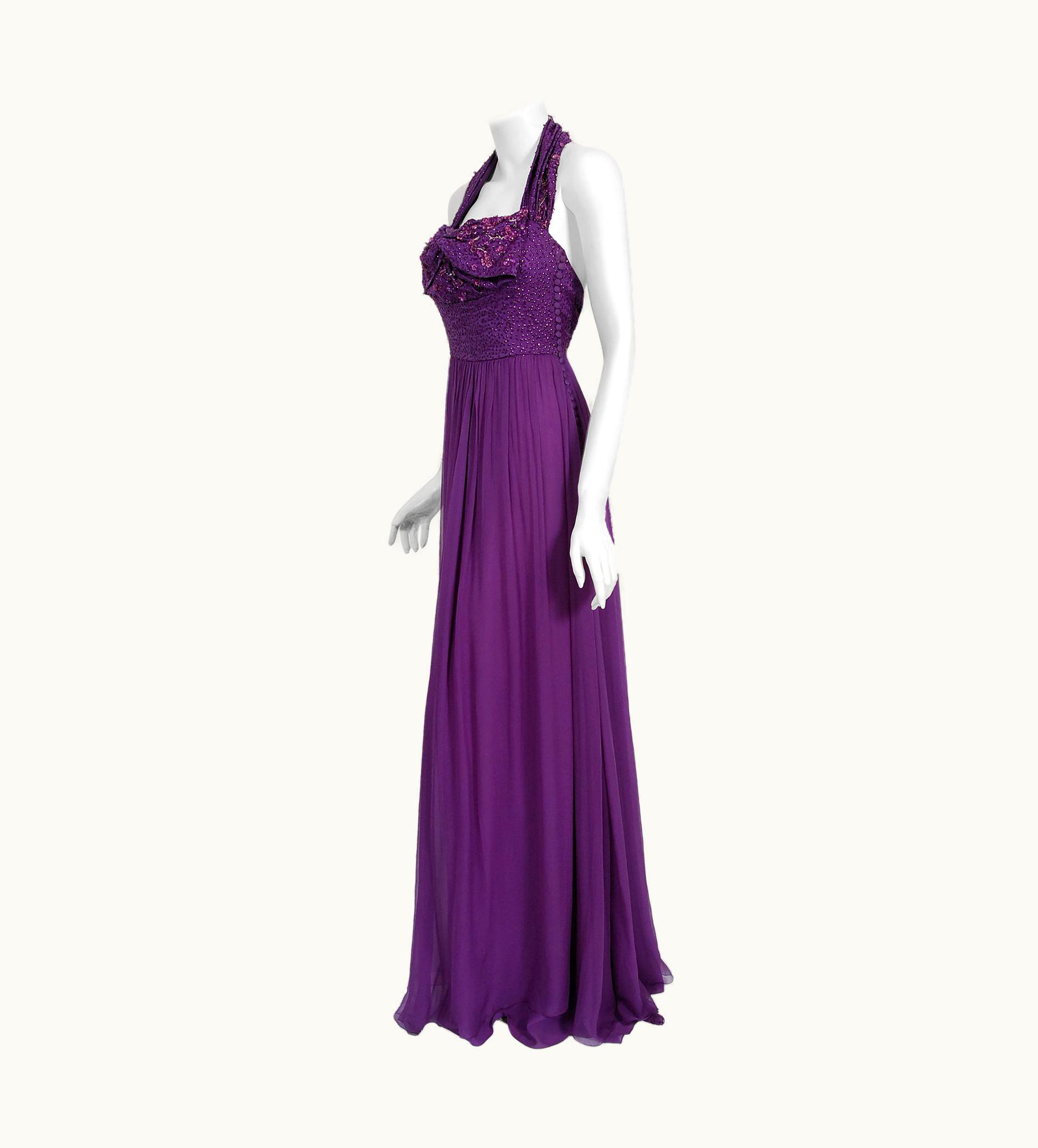 Dior Vintage 2009 Christian Dior By Galliano Beaded Purple Silk Halter Backless Gown