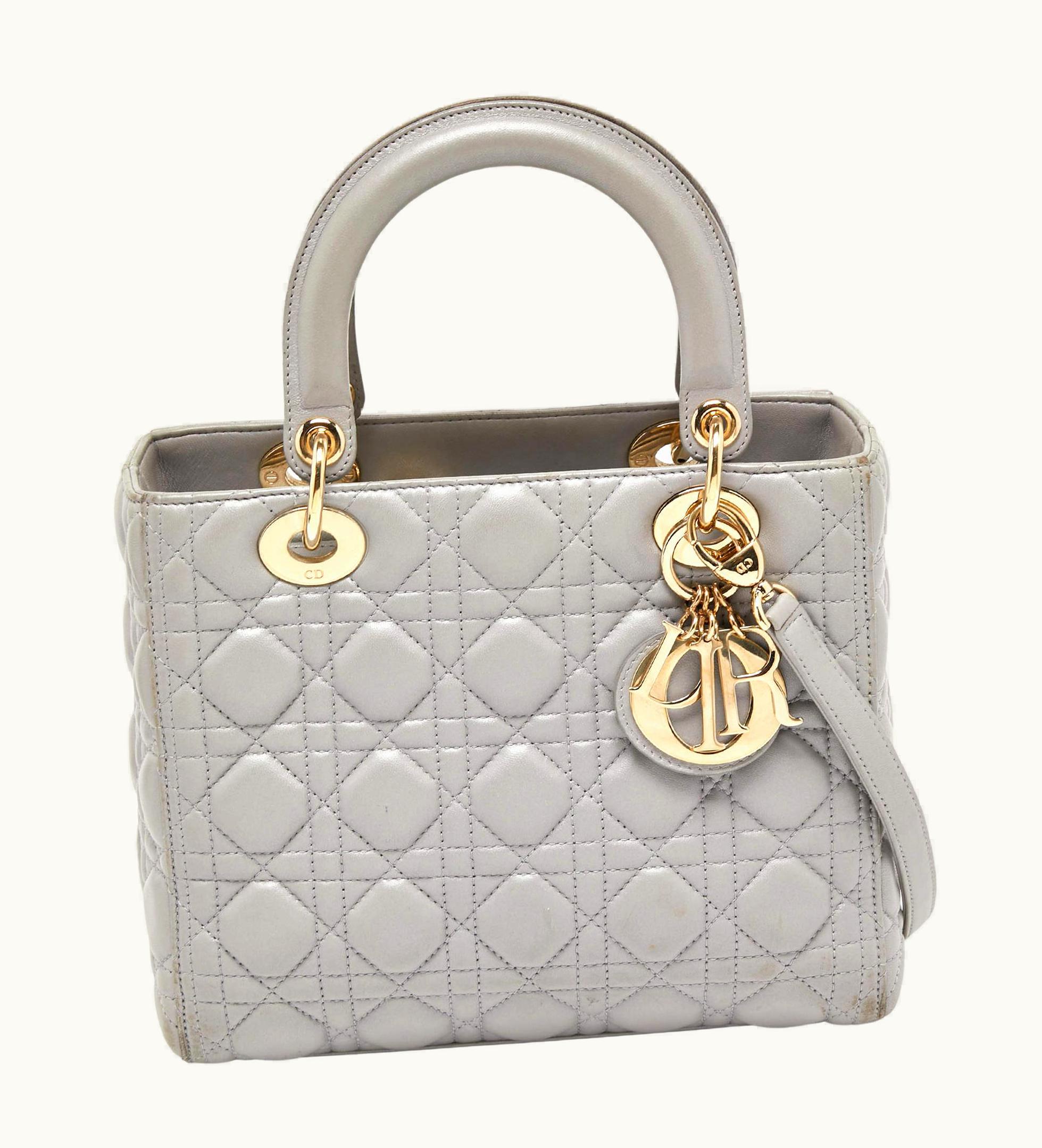 Dior Dior Grey Cannage Leather Medium Lady Dior Tote