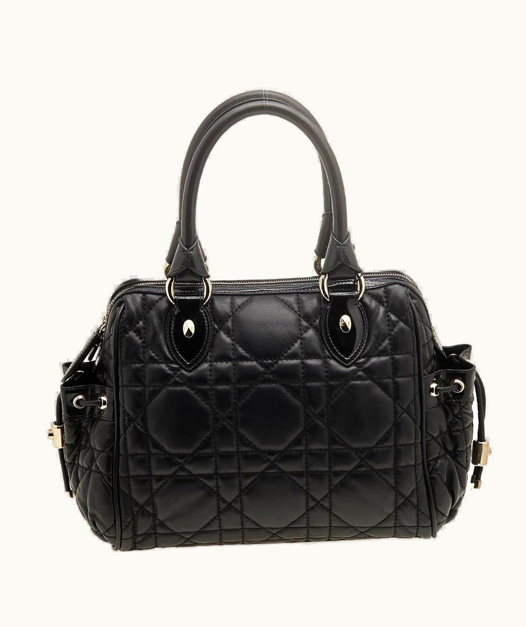 Dior Dior Black Cannage Leather And Patent Leather Side Pocket Satchel