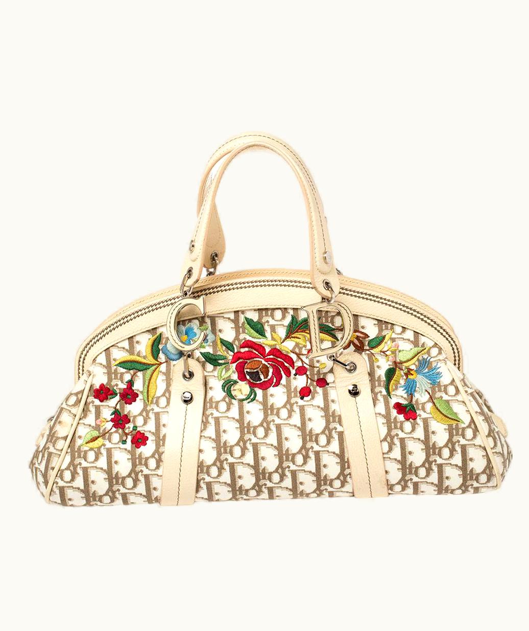 Dior Dior Ivory/Brown Diorissimo Canvas & Leather Floral Embroidered Trotter Satchel