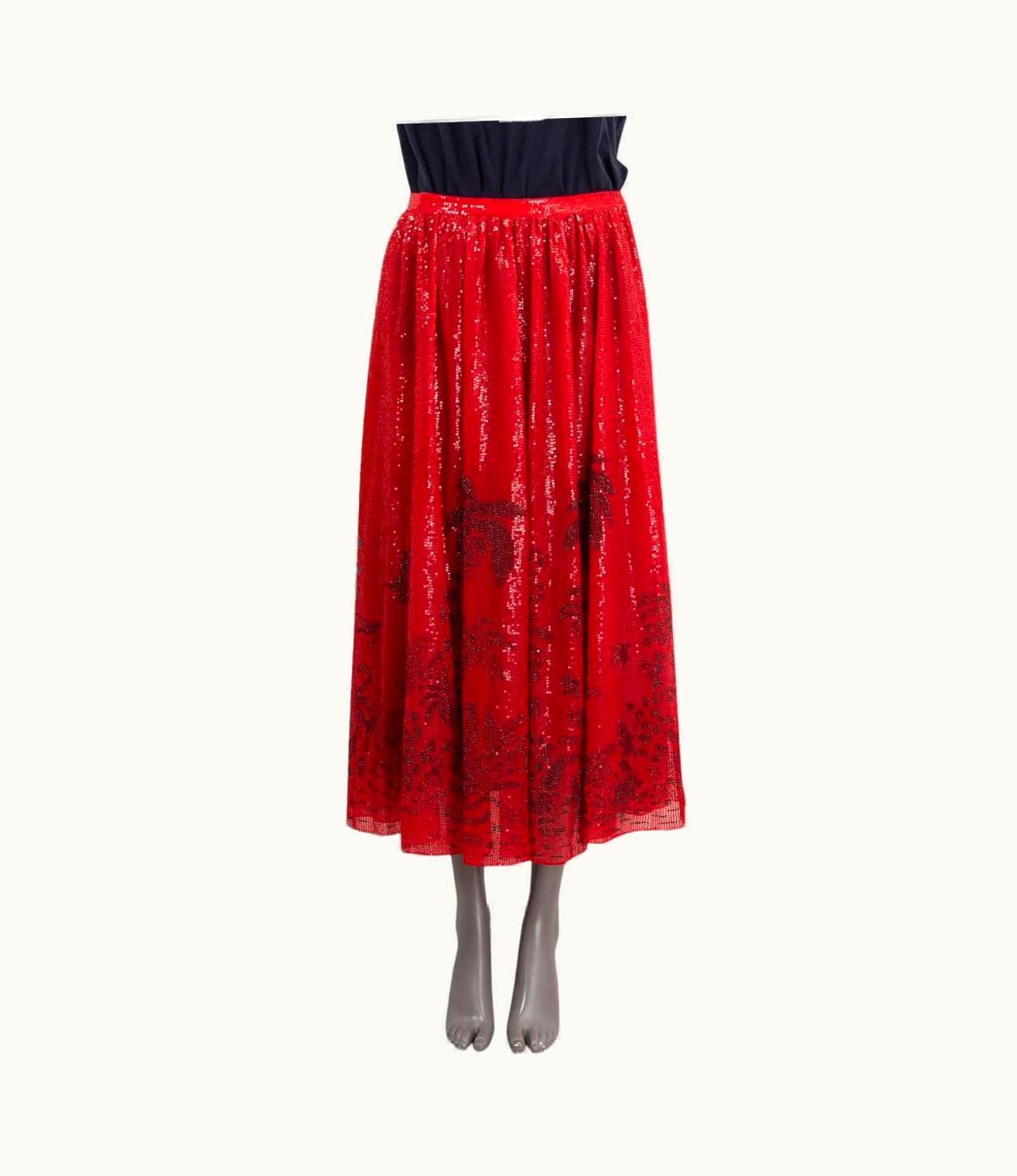 Dior Christian Dior Red 2019 Floral Sequin Midi Skirt