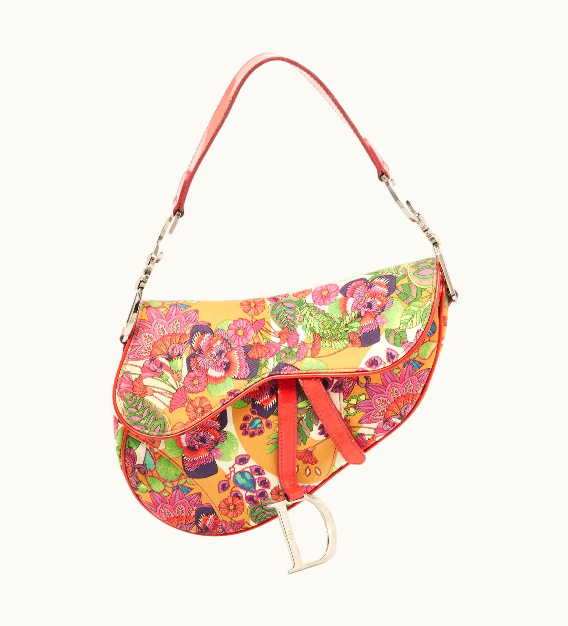 Dior Dior Multicolor Floral Canvas And Patent Leather Saddle Shoulder Bag