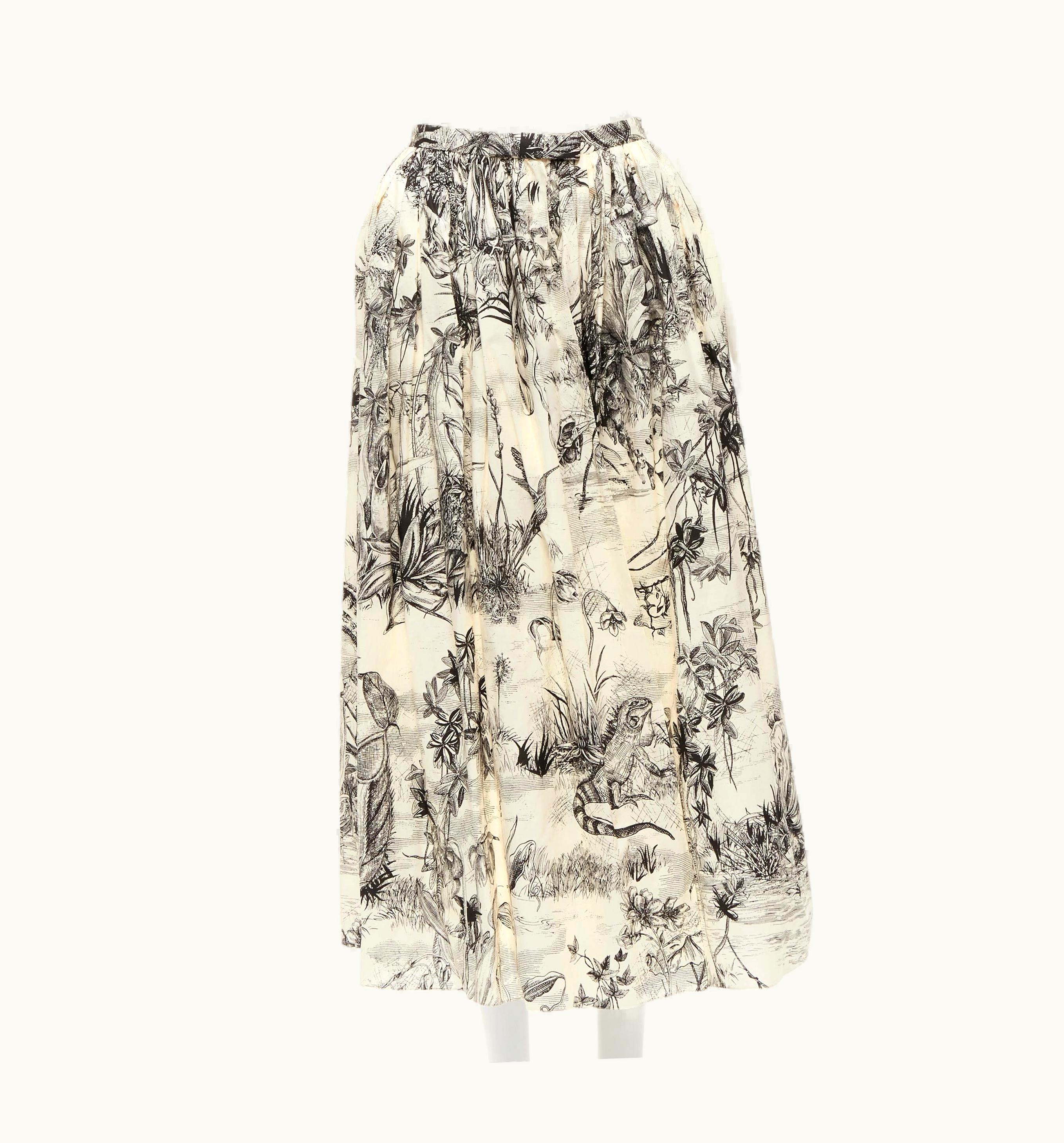 Dior Christian Dior Fantaisie Beige Illustration Print Cotton Midi Skirt