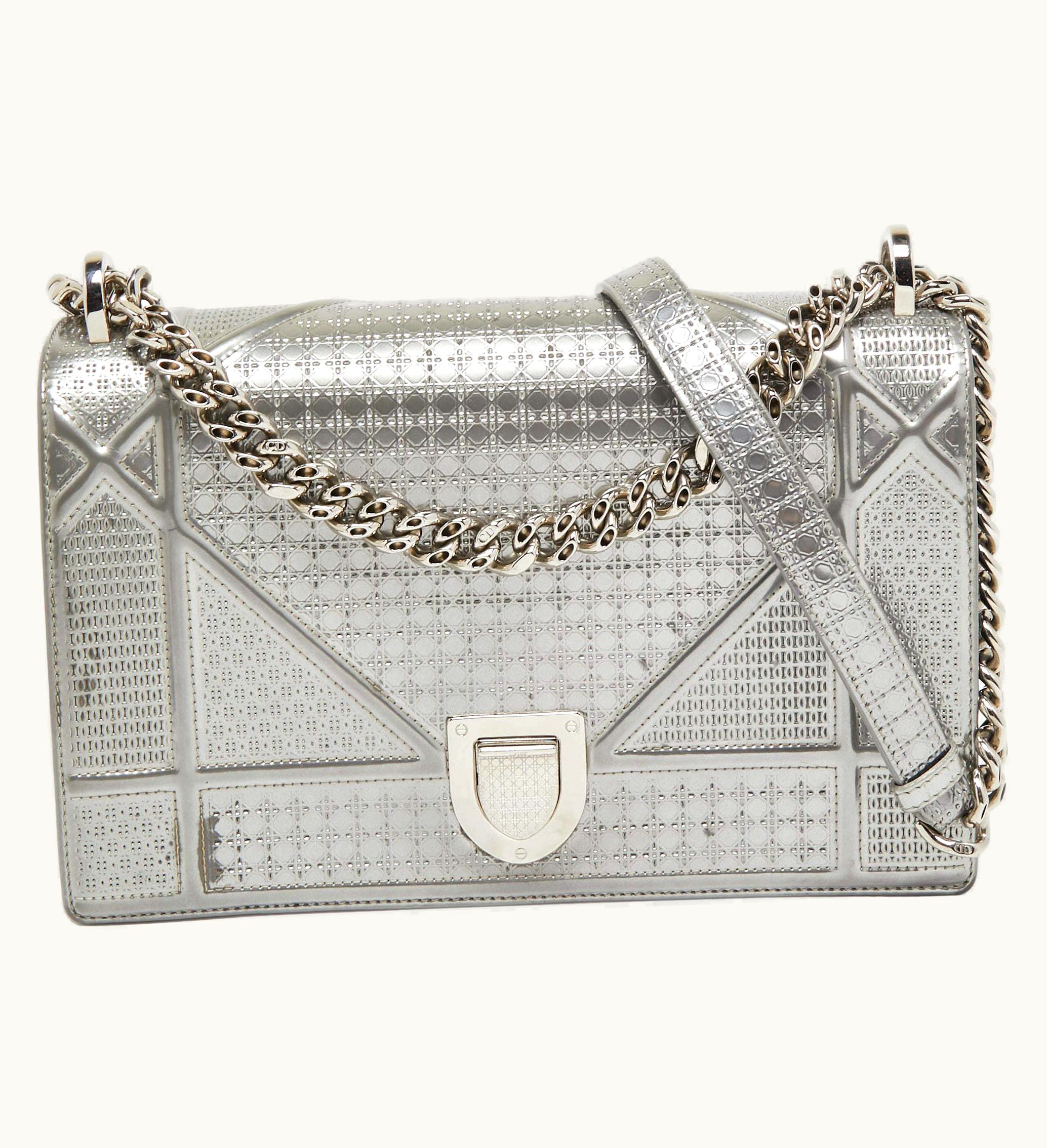 Dior Dior Metallic Silver Micro Cannage Patent Leather Medium Diorama Shoulder Bag