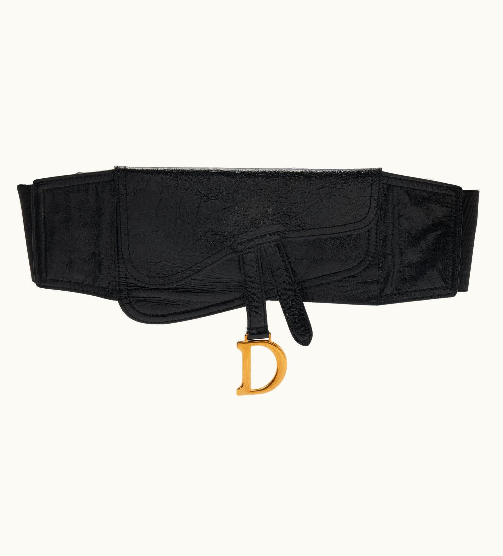 Dior Dior Black Crinkled Leather And Stretch Band Saddle Belt 90 Cm