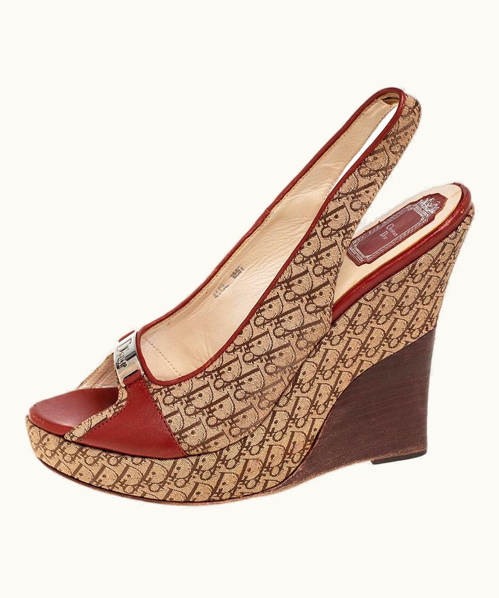 Dior Dior Beige/Brown Monogram Canvas And Leather Wedge Sandals