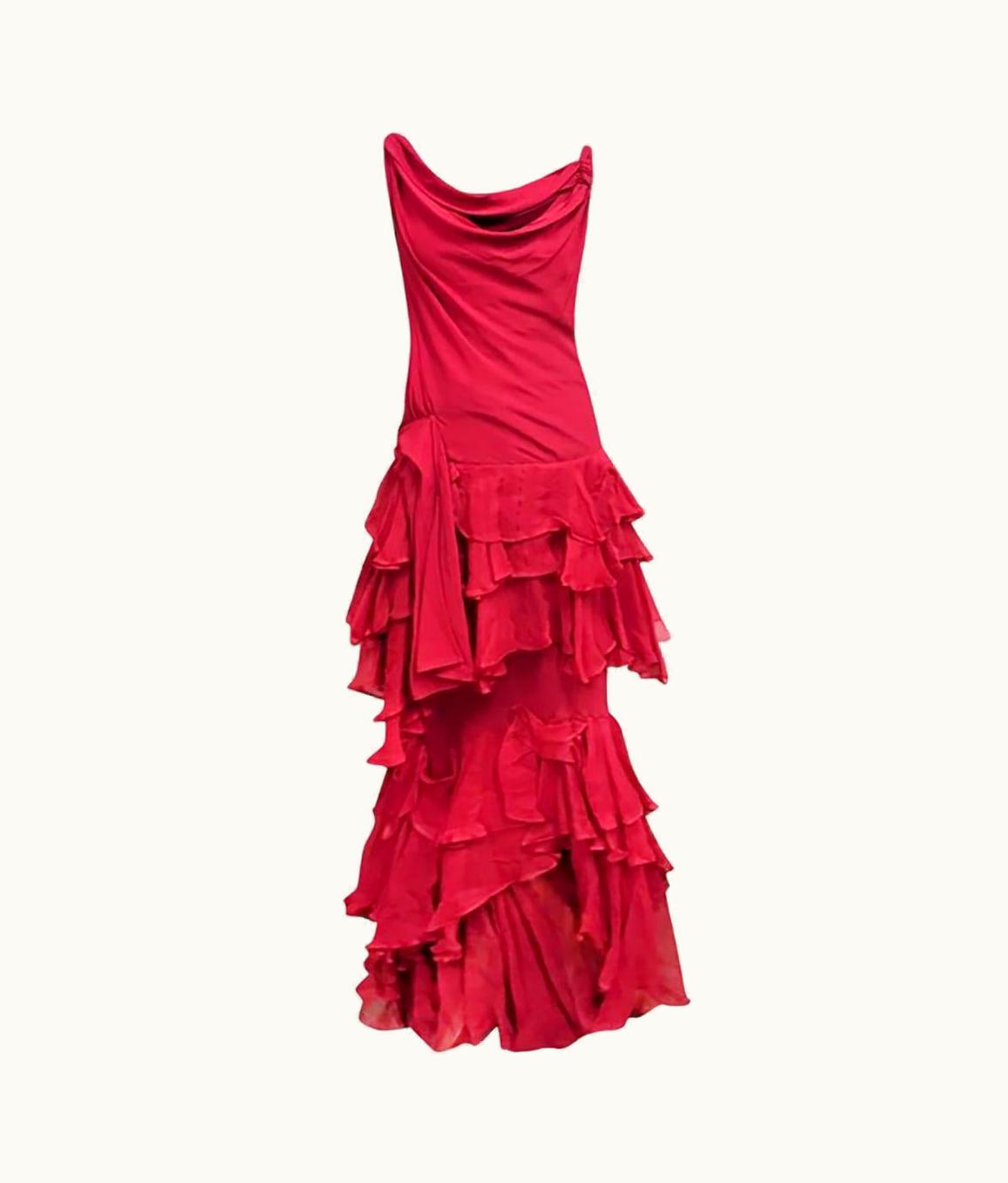 Dior Christian Dior Red Silk Ruffles Gown Size - It