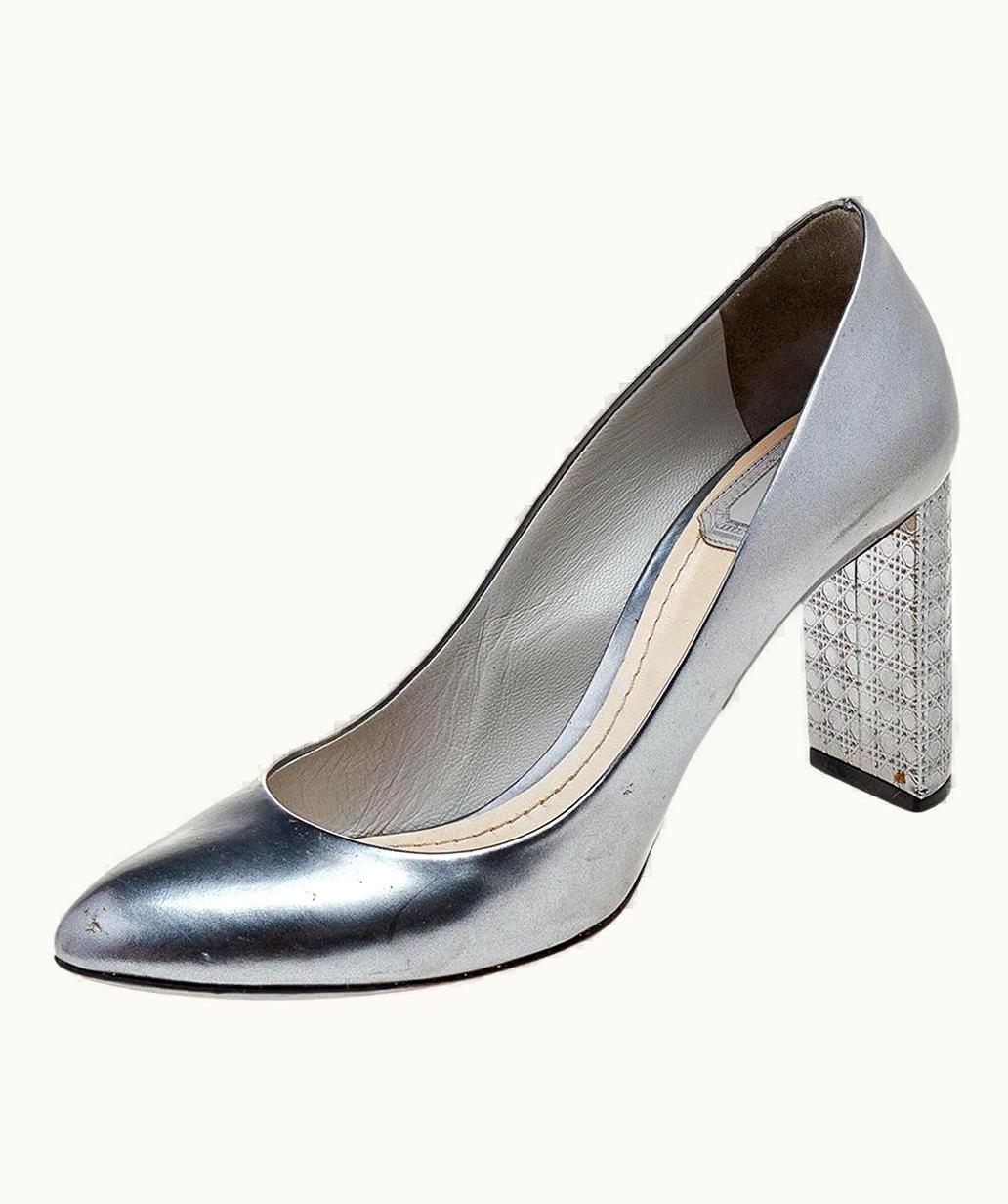 Dior Dior Metallic Grey Patent Leather Cannage Block Heel Pumps