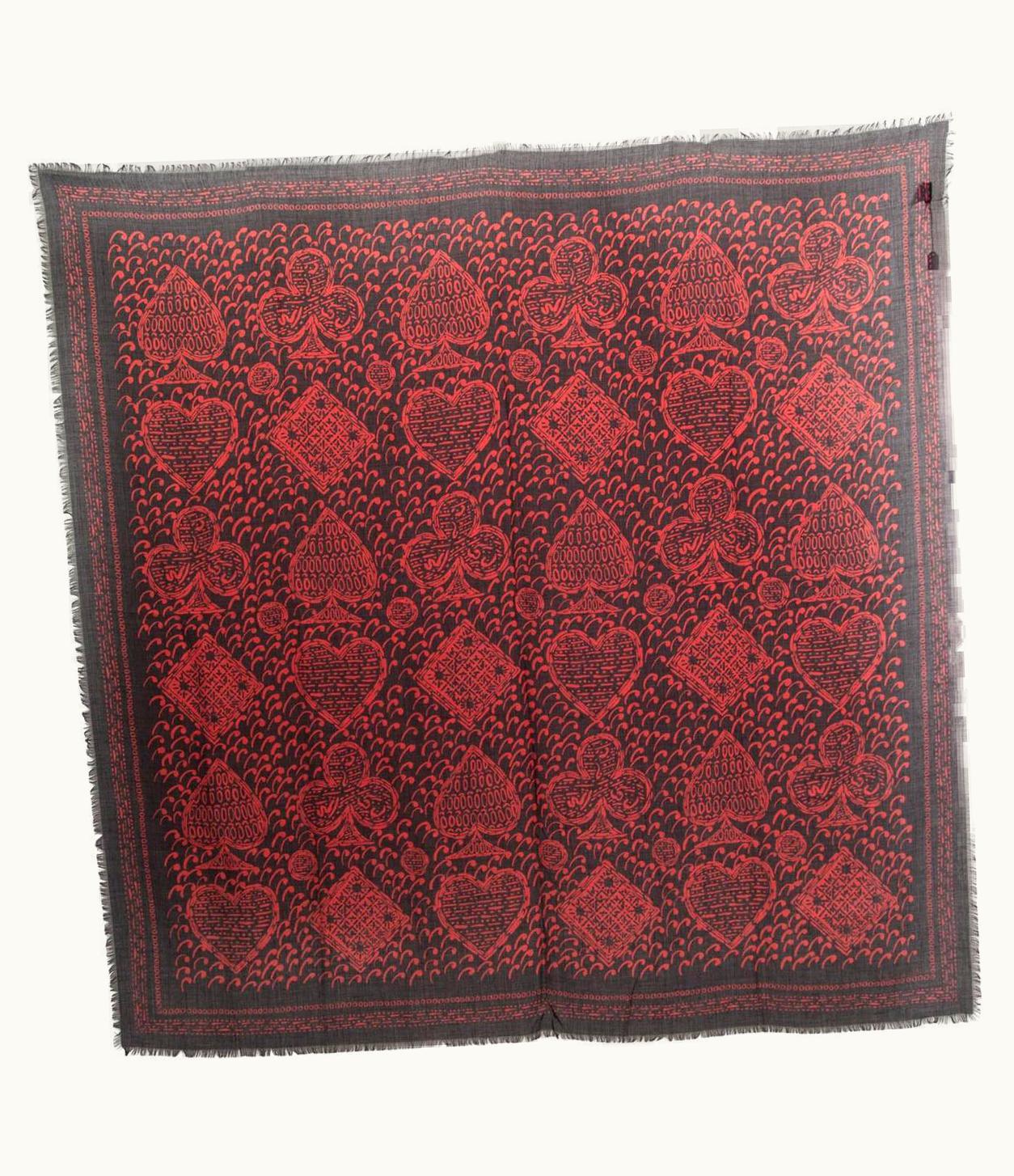 Dior Christian Dior Black & Red Cashmere & Silk Playing Card Symbols Shawl Scarf