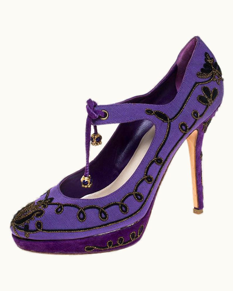 Dior Dior Purple Embroidered Canvas Tie Platform Pumps