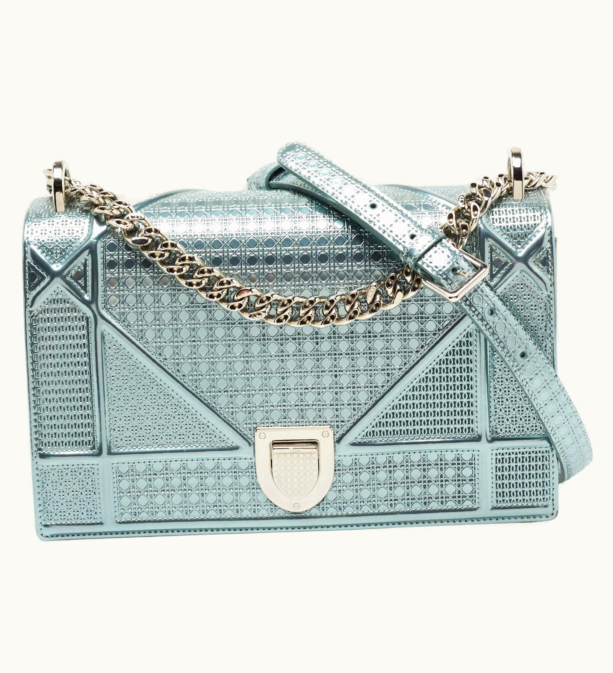 Dior Dior Metallic Blue Micro Cannage Patent Leather Medium Diorama Shoulder Bag