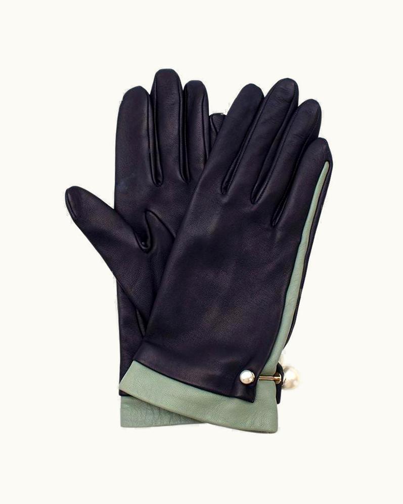 Dior Dior Sage & Navy Leather Faux Pearl Embellished Gloves