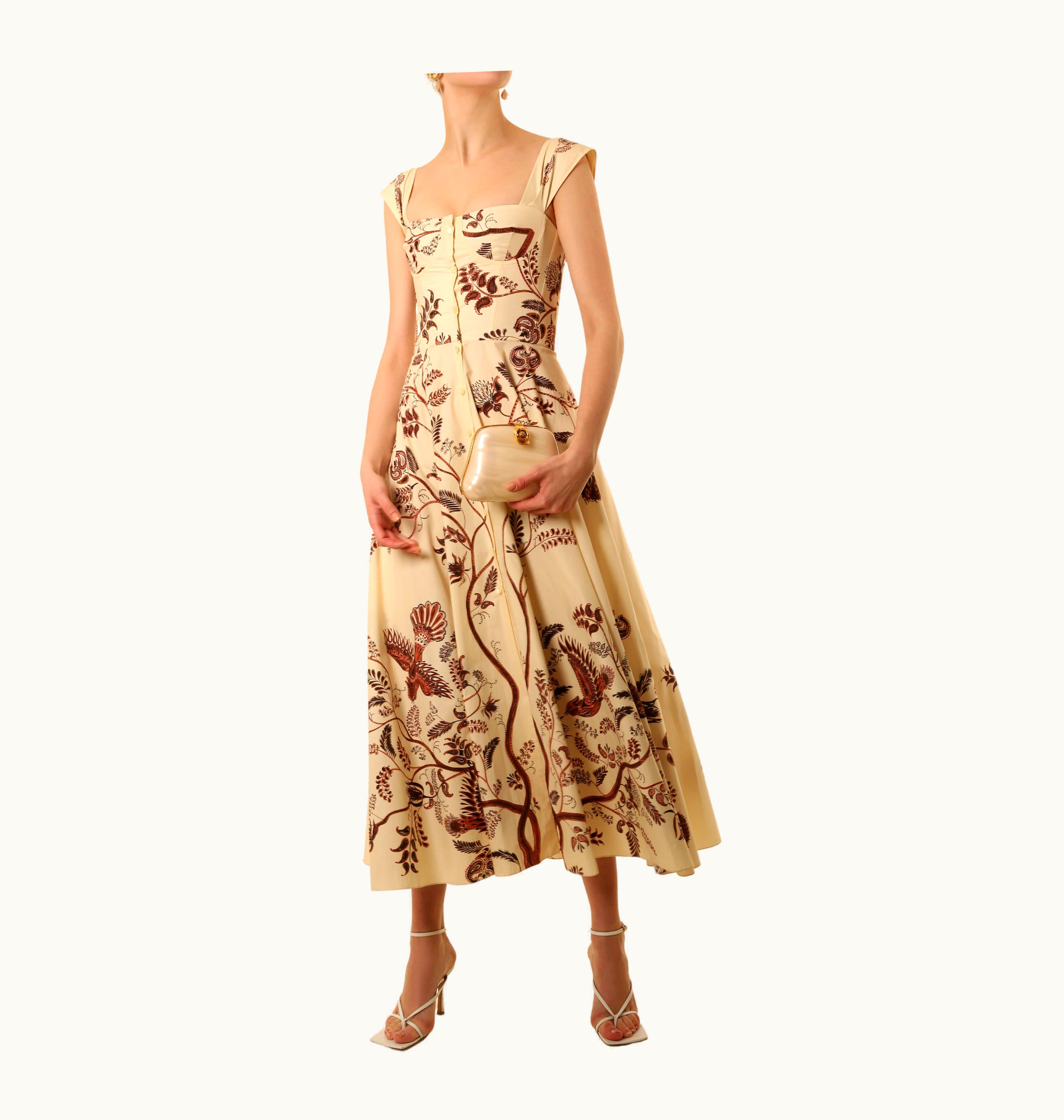 Dior Christian Dior Resort 2018 Brown Cream Floral Print Corset Bustier Midi Dress